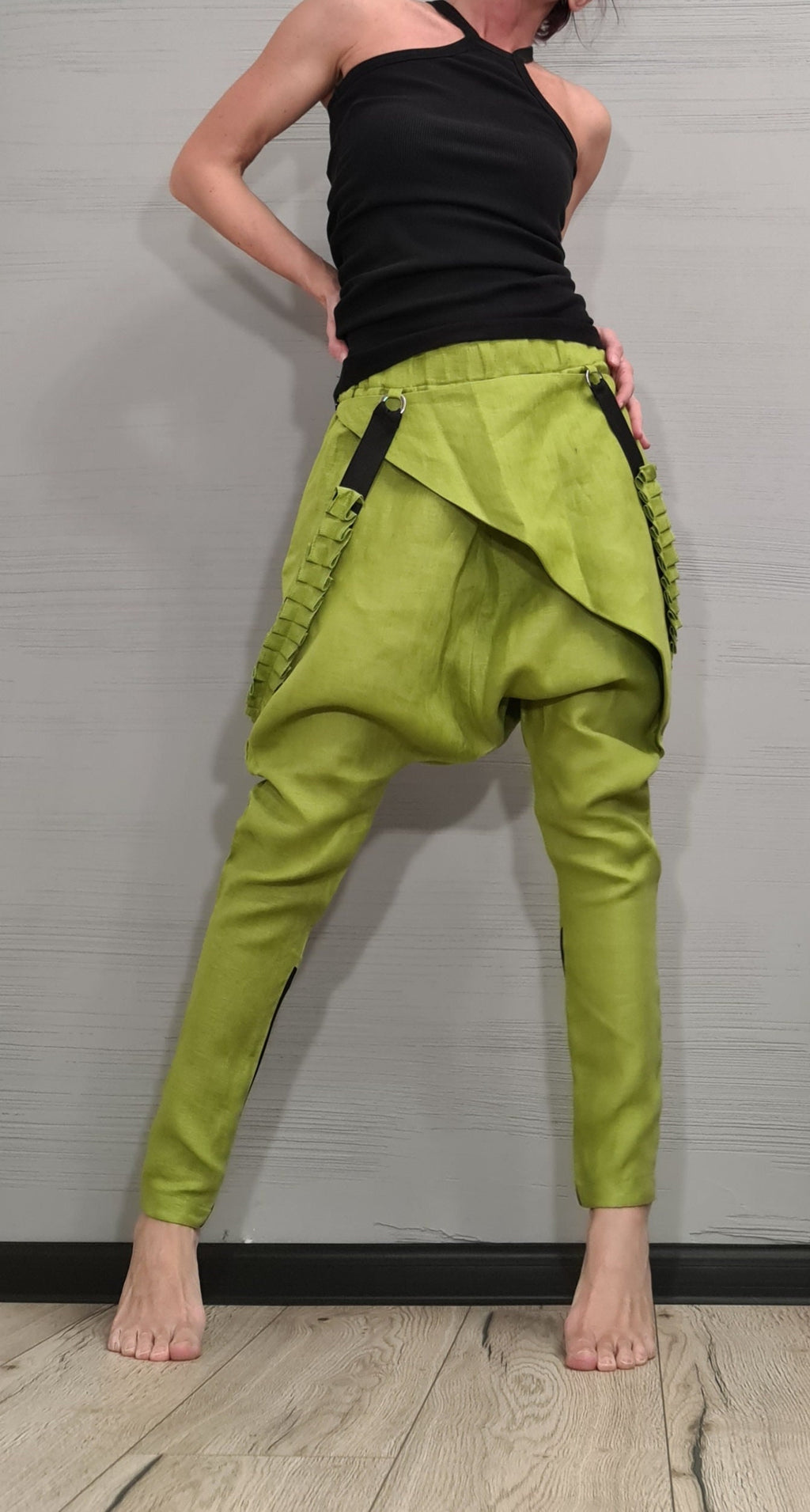 Extravagant Linen Pants, Avant Garde Pants, Harem Pants Women, Drop Crotch Pants, Asymmetric Casual Pants