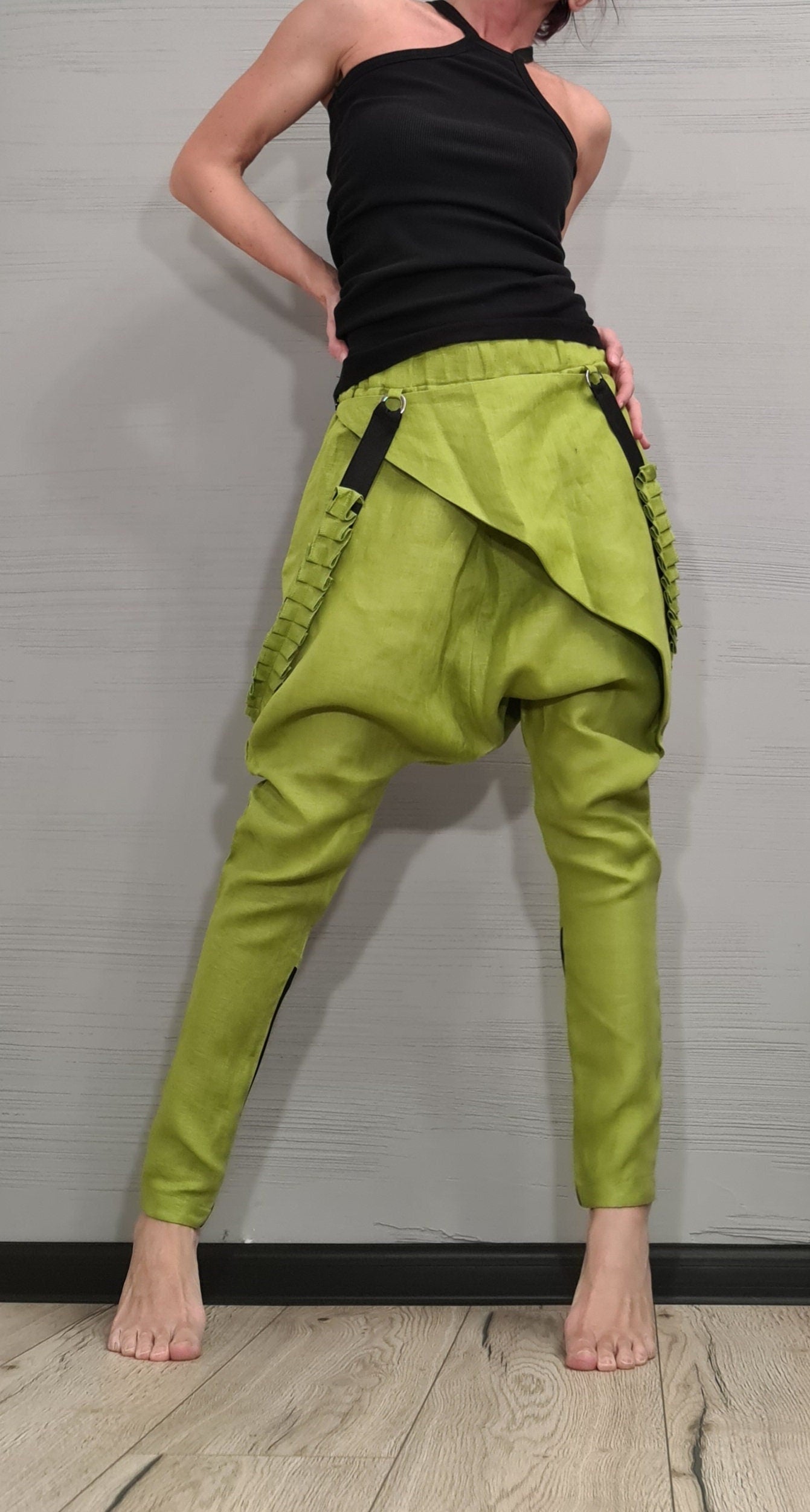 Extravagant Linen Pants, Avant Garde Pants, Harem Pants Women, Drop Crotch Pants, Asymmetric Casual Pants