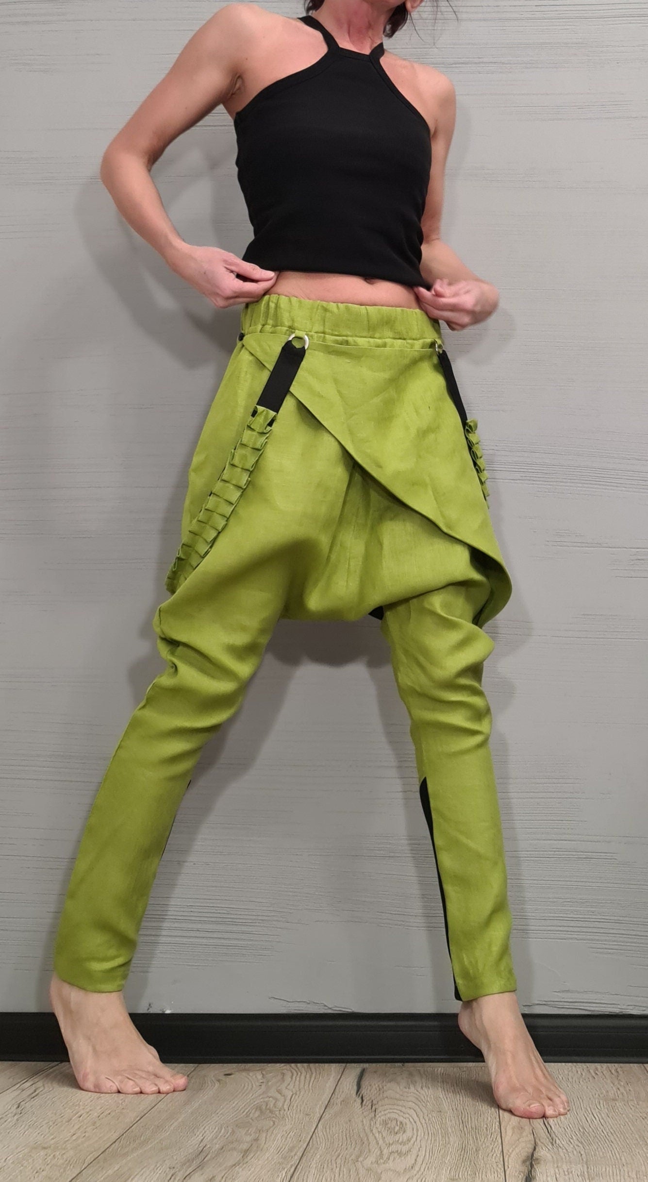 Extravagant Linen Pants, Avant Garde Pants, Harem Pants Women, Drop Crotch Pants, Asymmetric Casual Pants