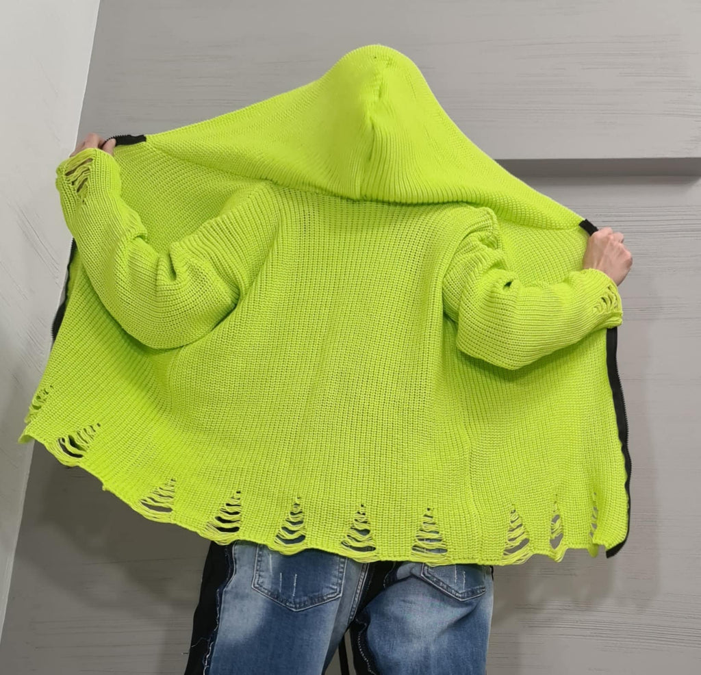 New collection Extravagant Hooded Vest, Lime Women Cardigan, Gothic Cardigan, Plus Size Clothing, Knitted vest