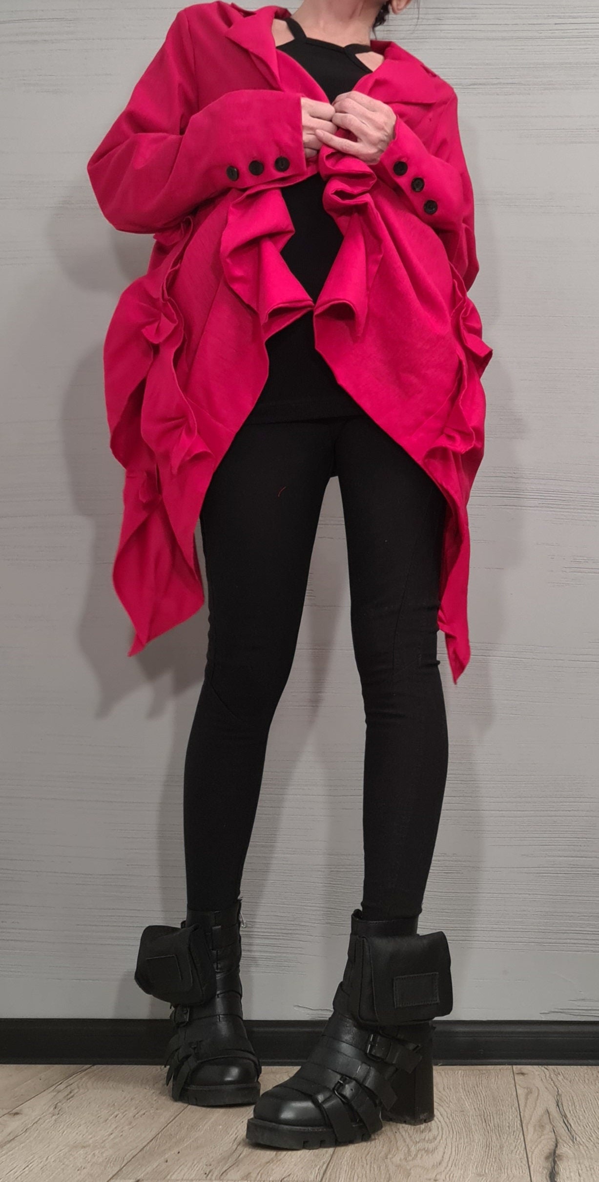 Linen Ruffle Blazer – Avant-Garde Statement Jacket – Asymmetrical Handmade Coat – Bold Red Fashion Piece