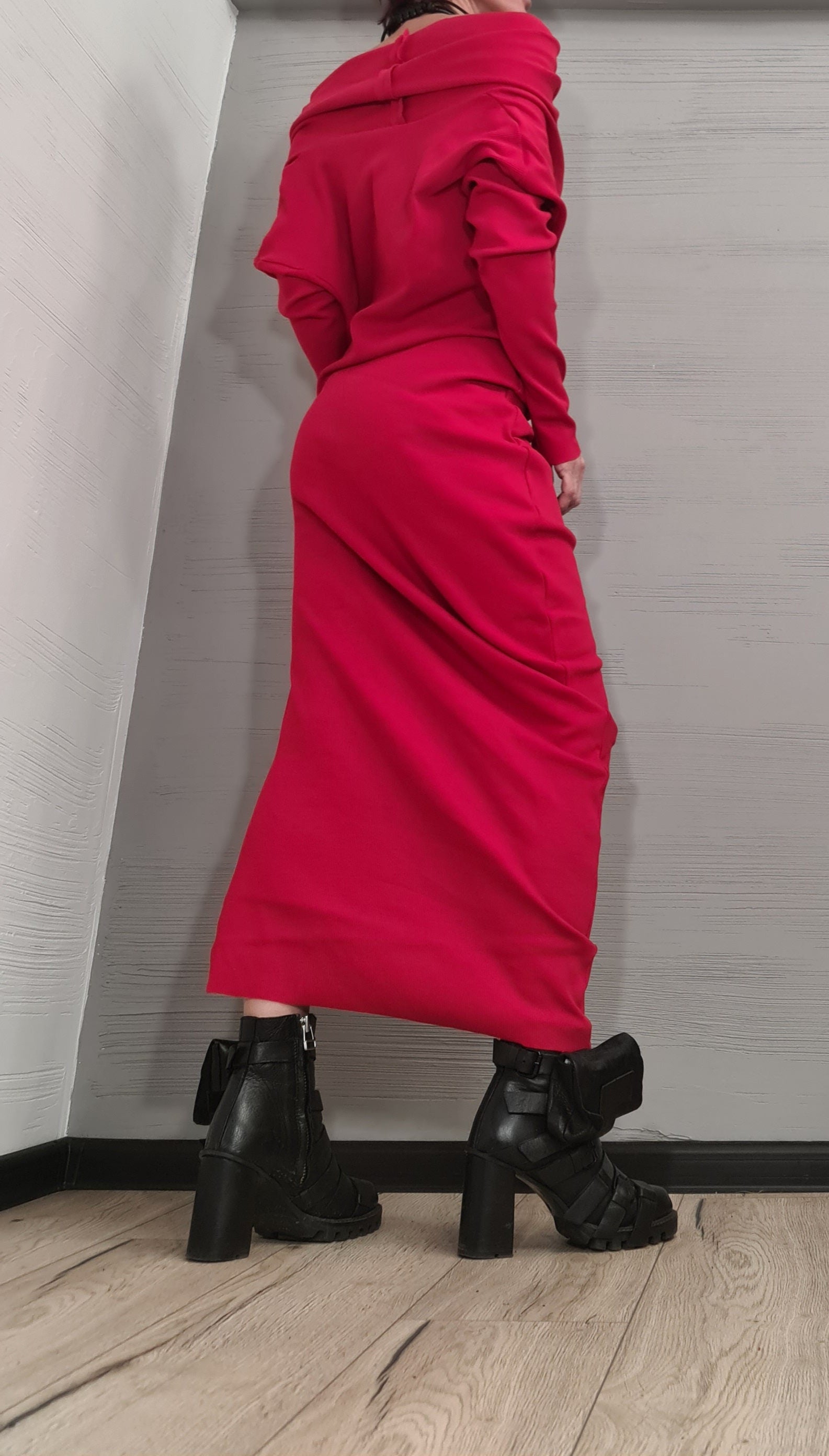 Extravagant Red Dress, Asymmetric Dress, Cotton Dress, Plus Size Clothing, Blouson Dress, Sexy Dress, Long Sleeve, New collection