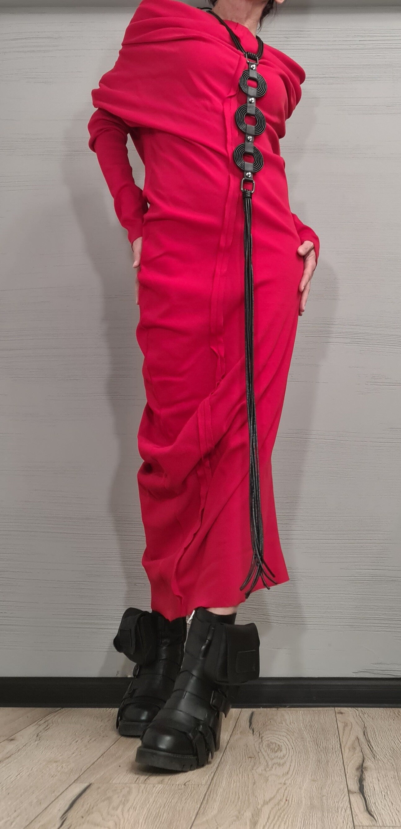 Extravagant Red Dress, Asymmetric Dress, Cotton Dress, Plus Size Clothing, Blouson Dress, Sexy Dress, Long Sleeve, New collection