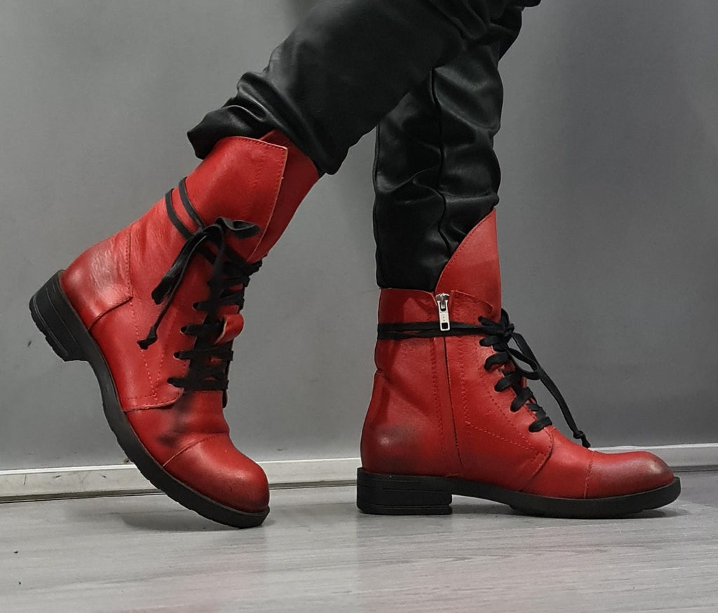 Red Asymmetric Boots, Extravagant Boots, Steampunk Boots, Gothic Boots, Red Leather Boots, Handmade Shoes