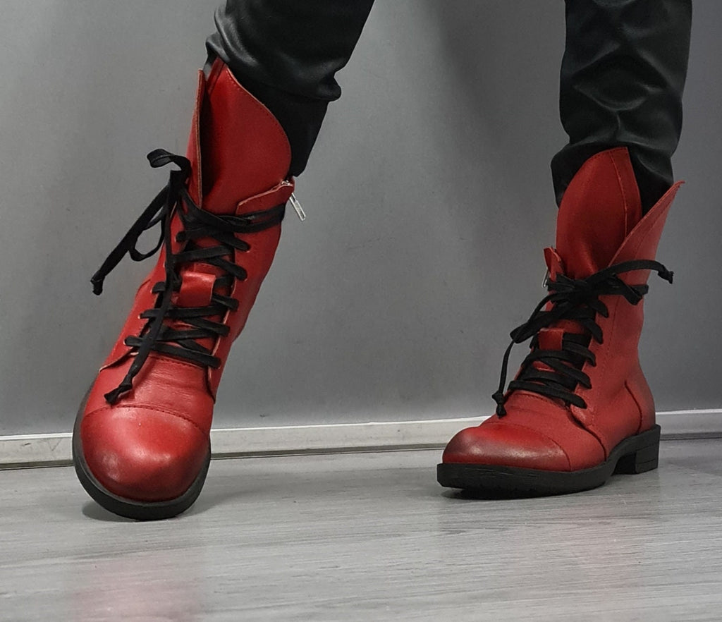 Red Asymmetric Boots, Extravagant Boots, Steampunk Boots, Gothic Boots, Red Leather Boots, Handmade Shoes
