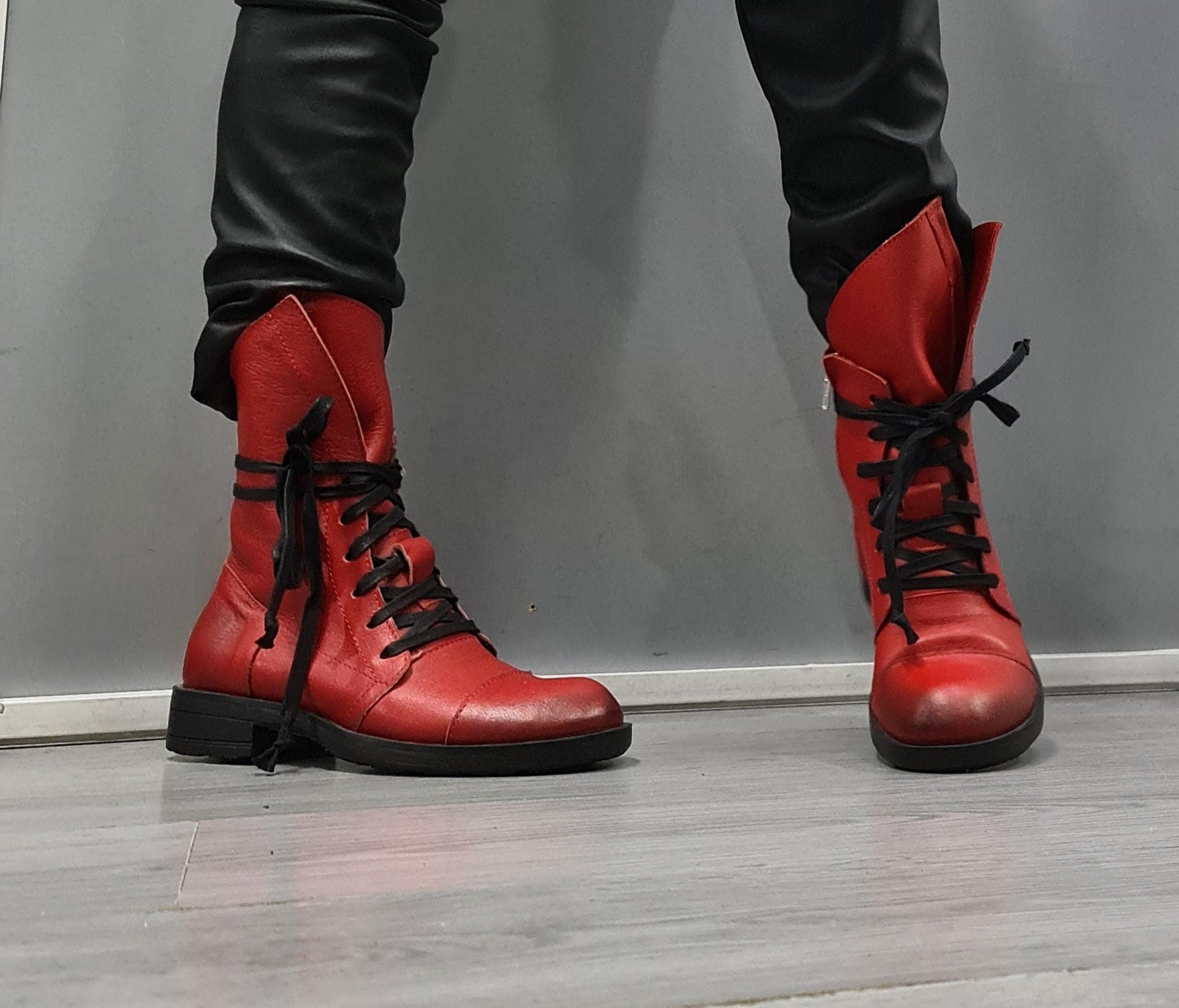 Red Asymmetric Boots, Extravagant Boots, Steampunk Boots, Gothic Boots, Red Leather Boots, Handmade Shoes