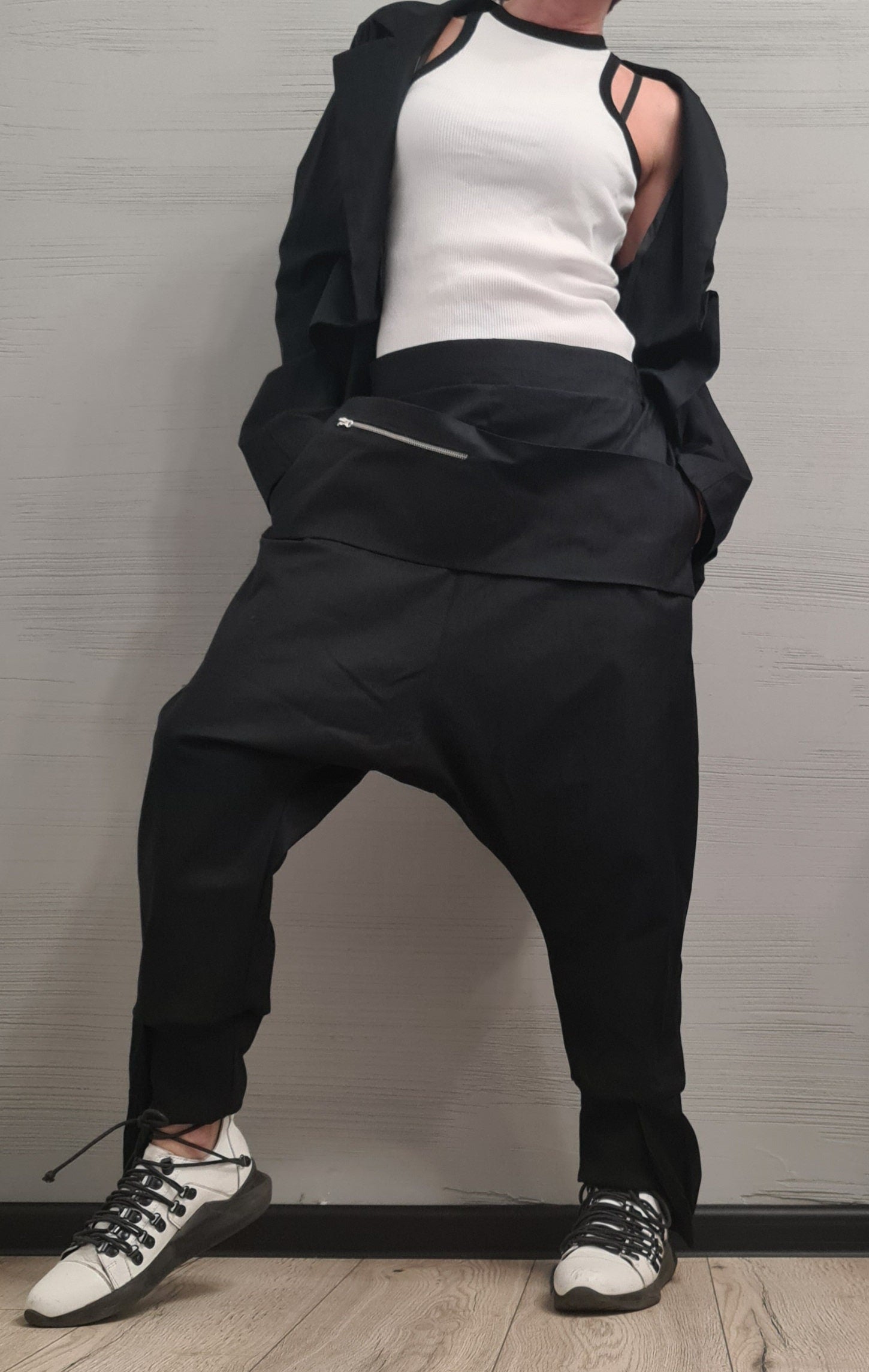 New collection Extravagant Set Jacket and Pants, Linen Women Set, Sexy Open Back Jacket, Harem Pants, Asymmetric Women set, Avant Garde