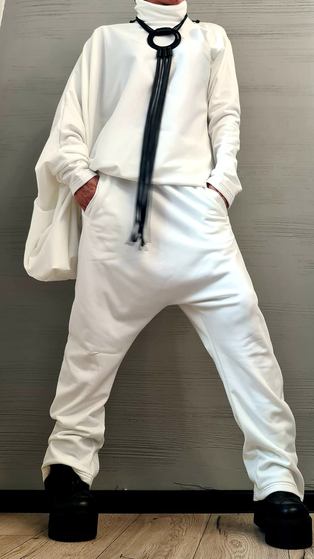 New collection Extravagant Cotton Set, Harem pant, Asymmetrical Set, Outwear Women Set, Warm White Set