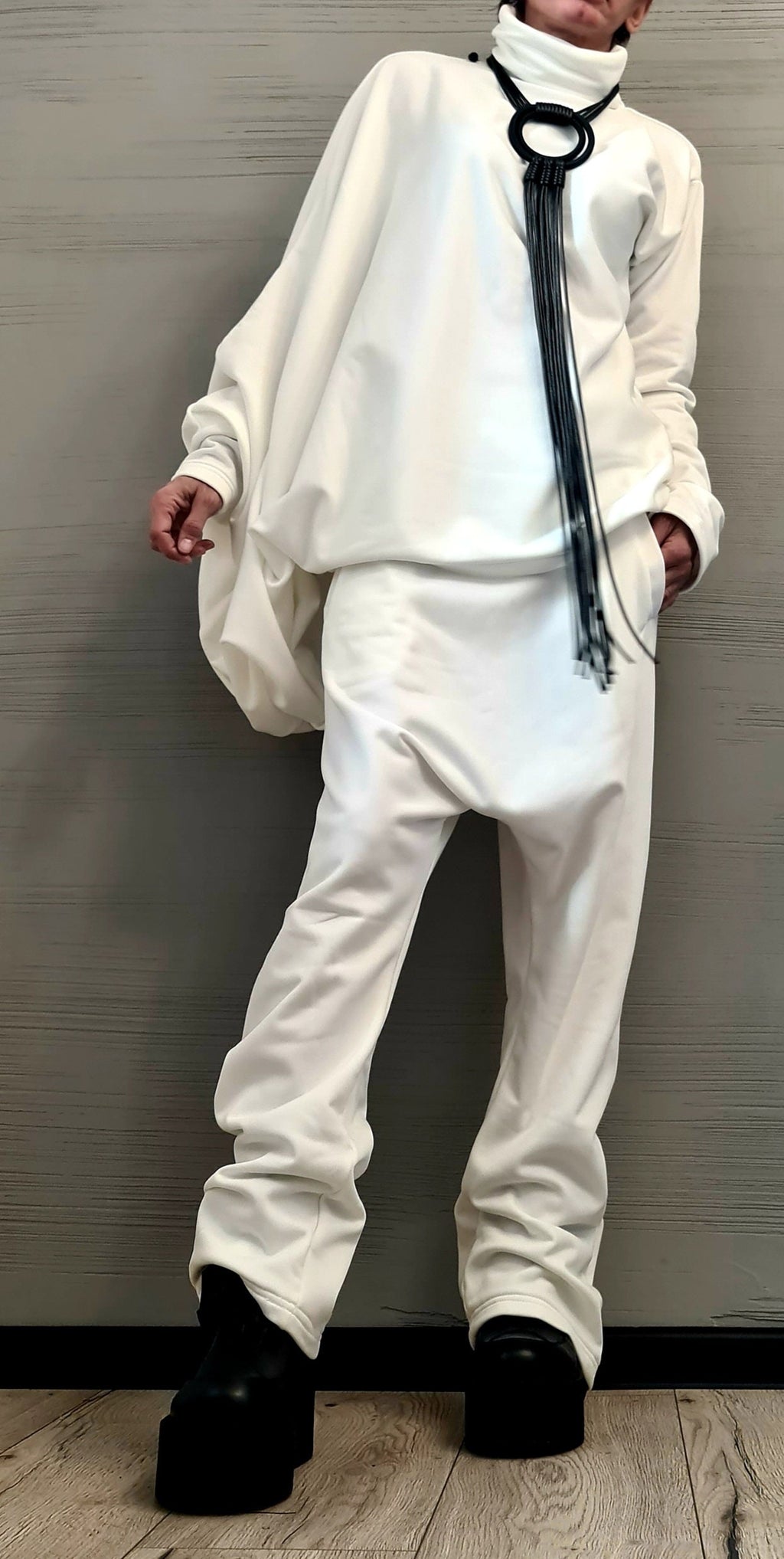 New collection Extravagant Cotton Set, Harem pant, Asymmetrical Set, Outwear Women Set, Warm White Set