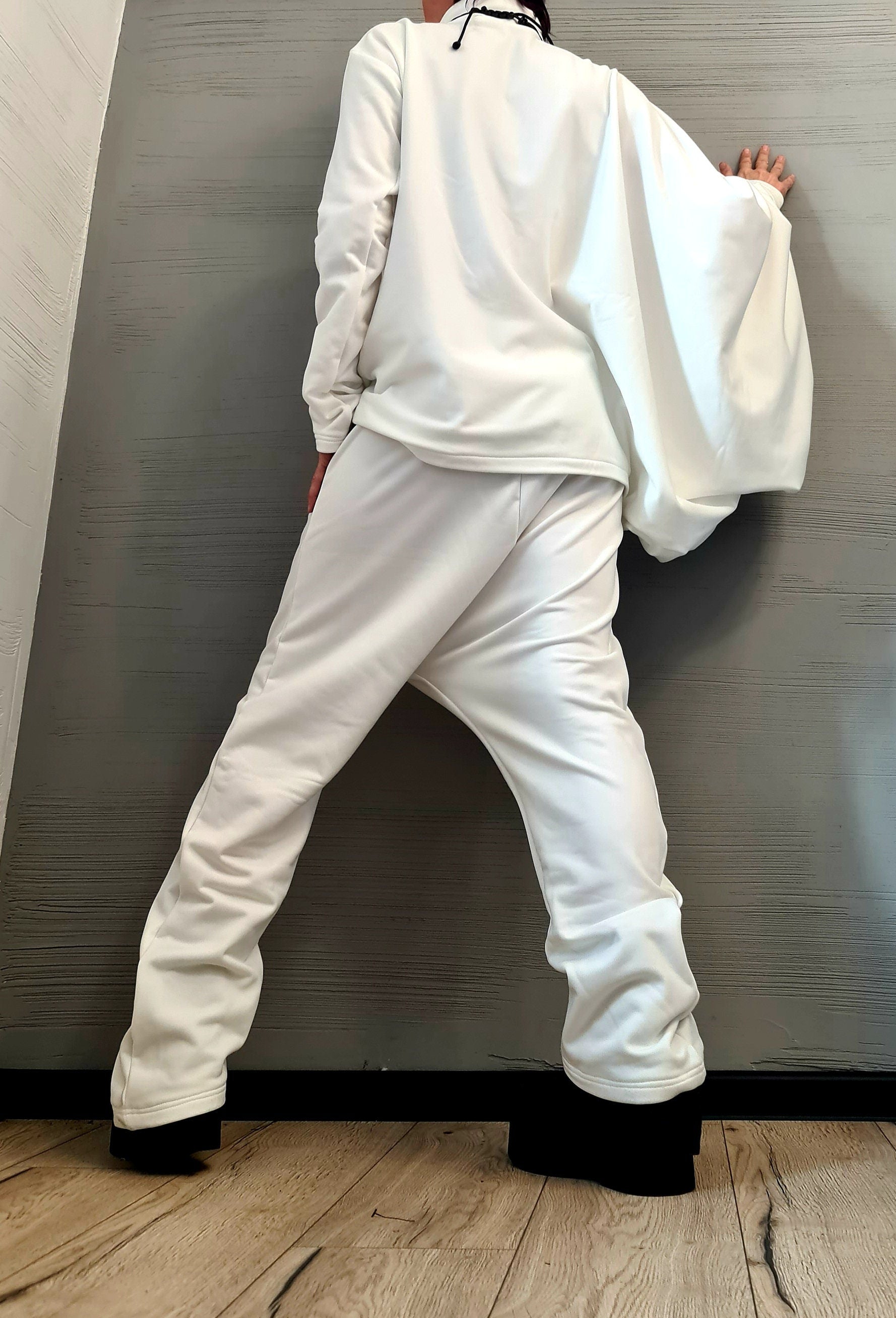 New collection Extravagant Cotton Set, Harem pant, Asymmetrical Set, Outwear Women Set, Warm White Set