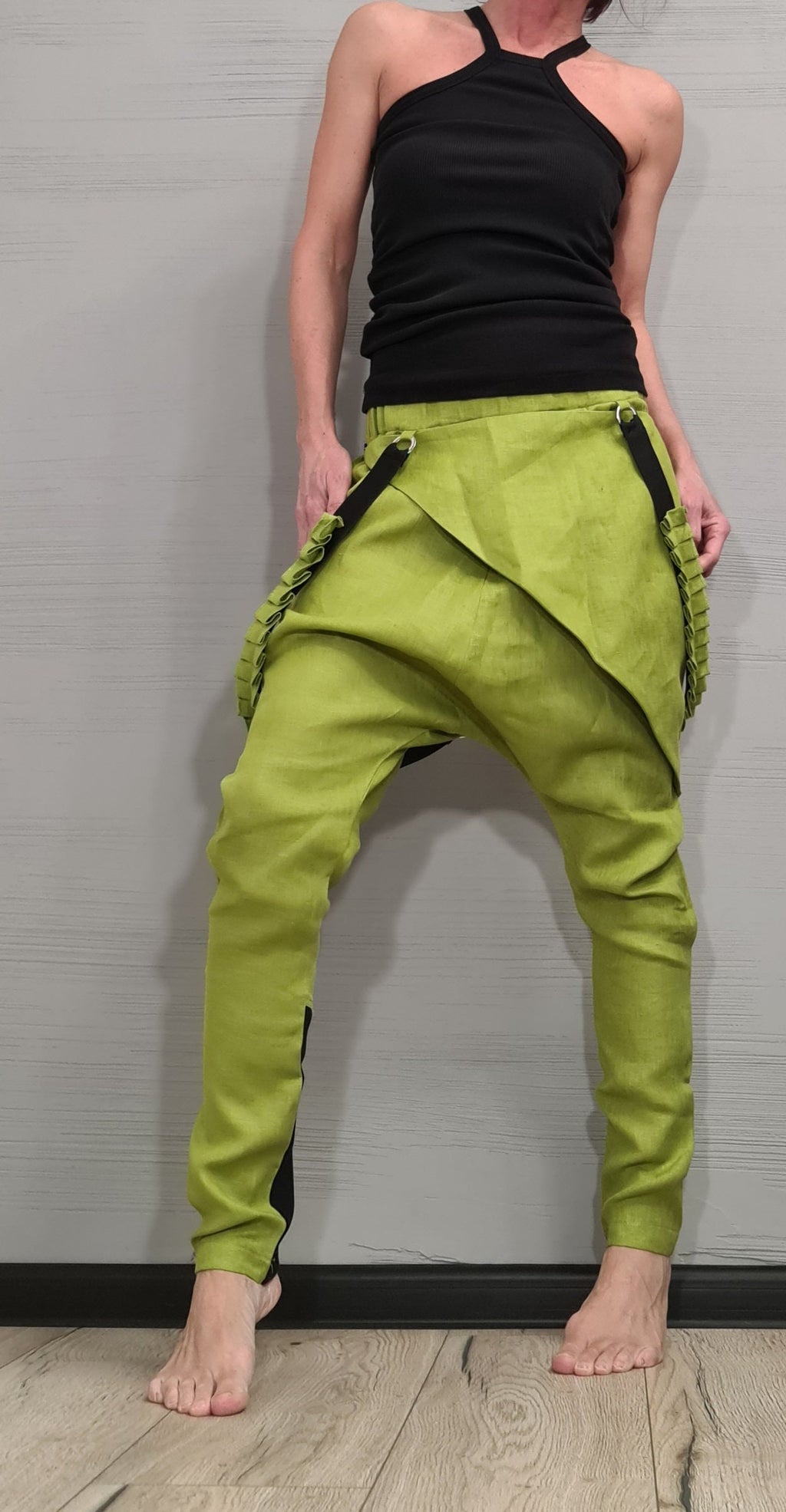 Extravagant Linen Pants, Avant Garde Pants, Harem Pants Women, Drop Crotch Pants, Asymmetric Casual Pants