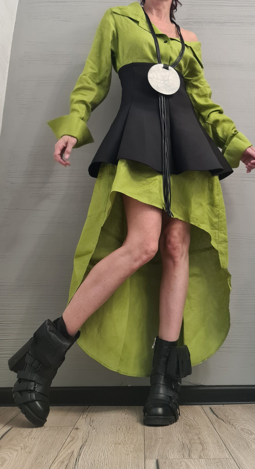 New collection Linen Extravagant Long Shirt with Neoprene Corset, Asymmetrical Shirt, Oversize Tunic, Party Shirt, Cocktail Shirt