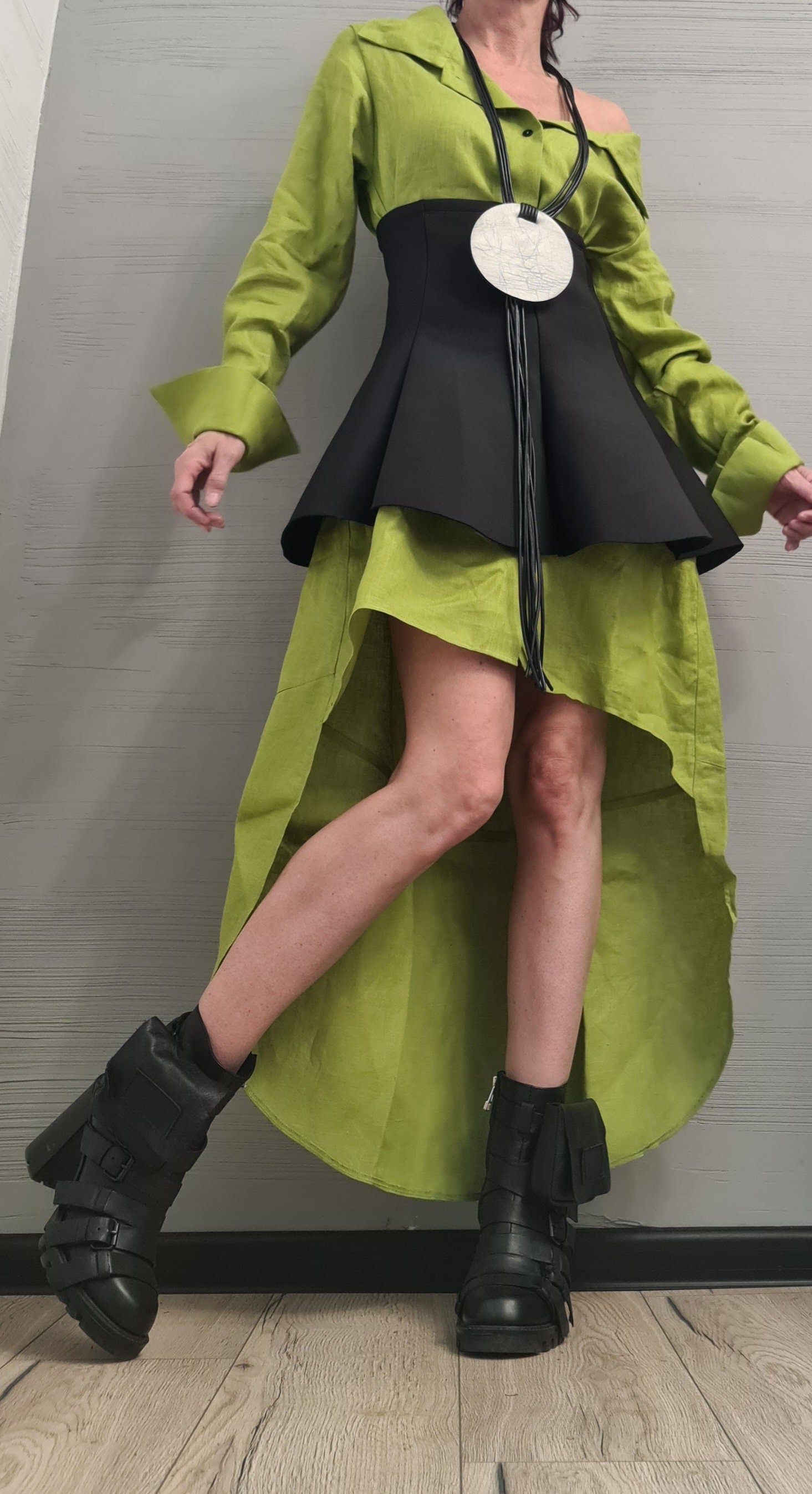 New collection Linen Extravagant Long Shirt with Neoprene Corset, Asymmetrical Shirt, Oversize Tunic, Party Shirt, Cocktail Shirt