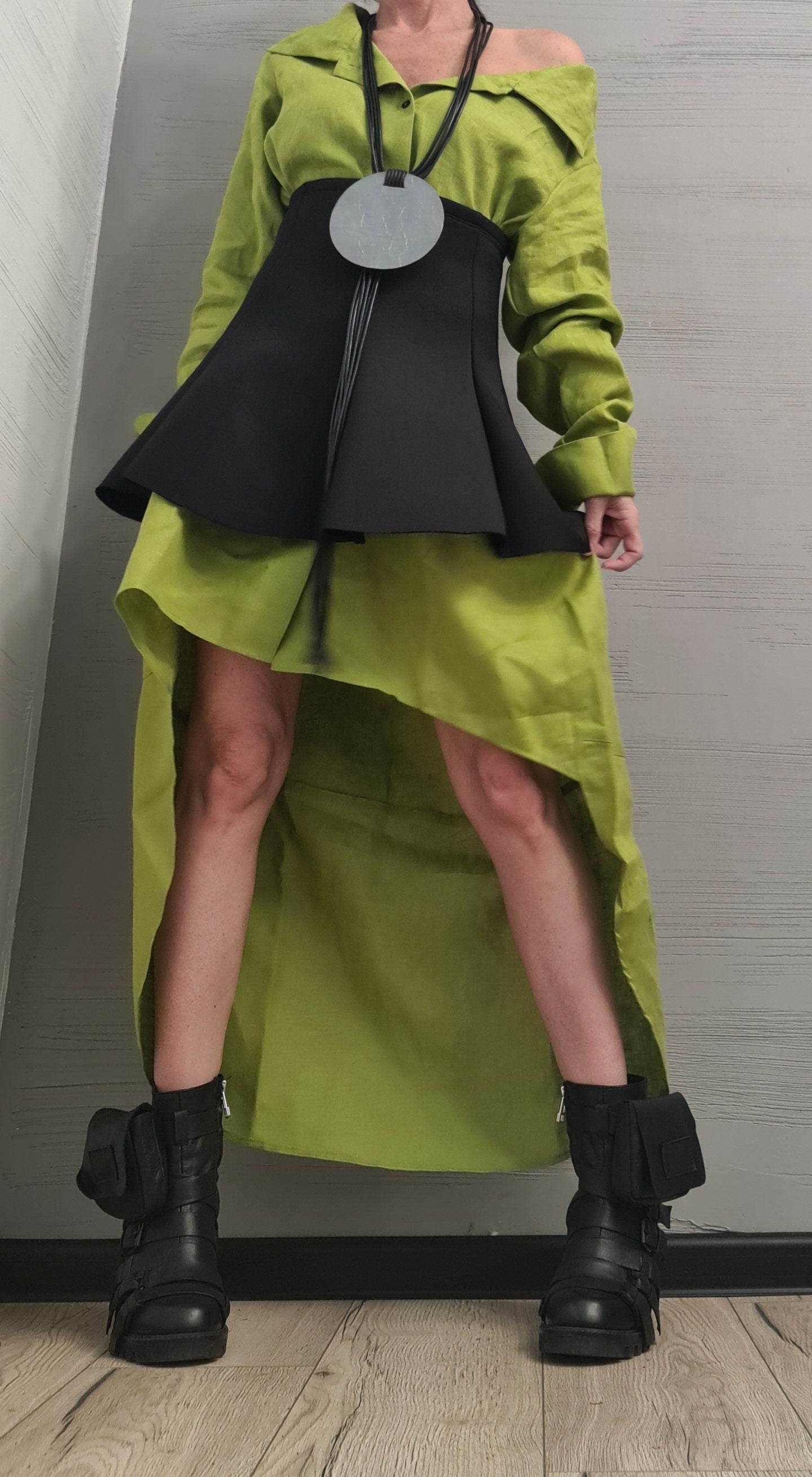 New collection Linen Extravagant Long Shirt with Neoprene Corset, Asymmetrical Shirt, Oversize Tunic, Party Shirt, Cocktail Shirt