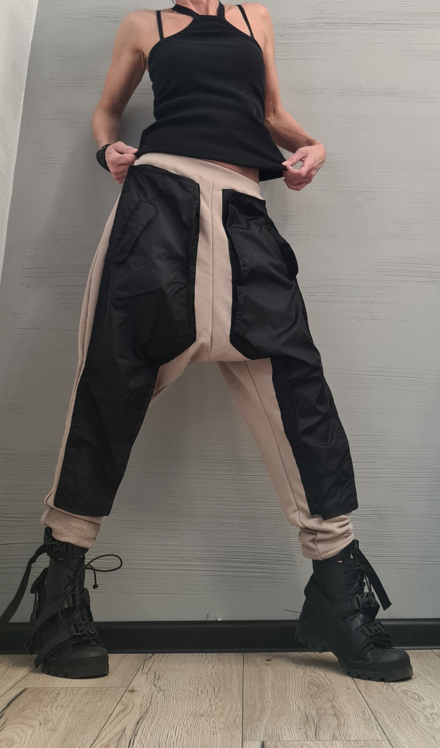 New collection Outwear Women Set, Beige Extravagant Harem Pants, Asymmetrical Sweatshirt Hooded, Extravagant Cotton Set