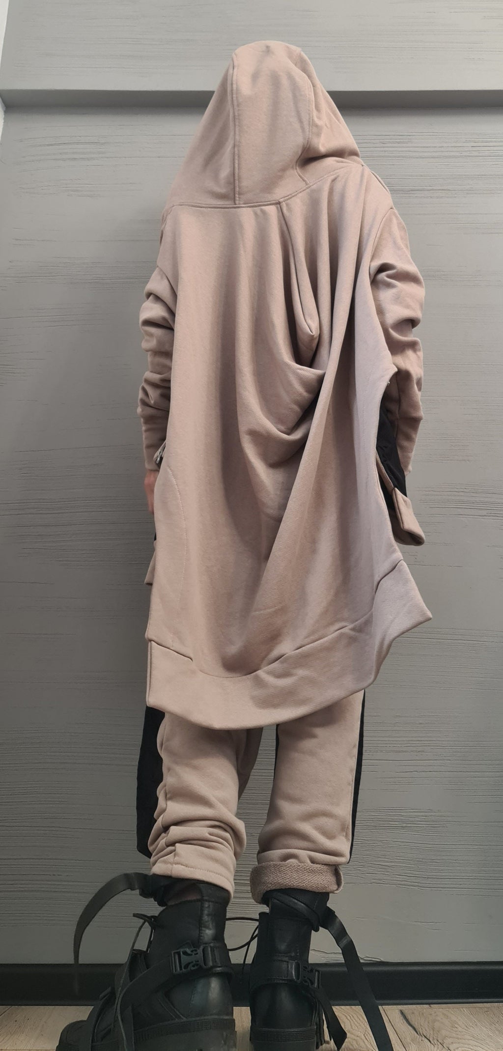 New collection Outwear Women Set, Beige Extravagant Harem Pants, Asymmetrical Sweatshirt Hooded, Extravagant Cotton Set