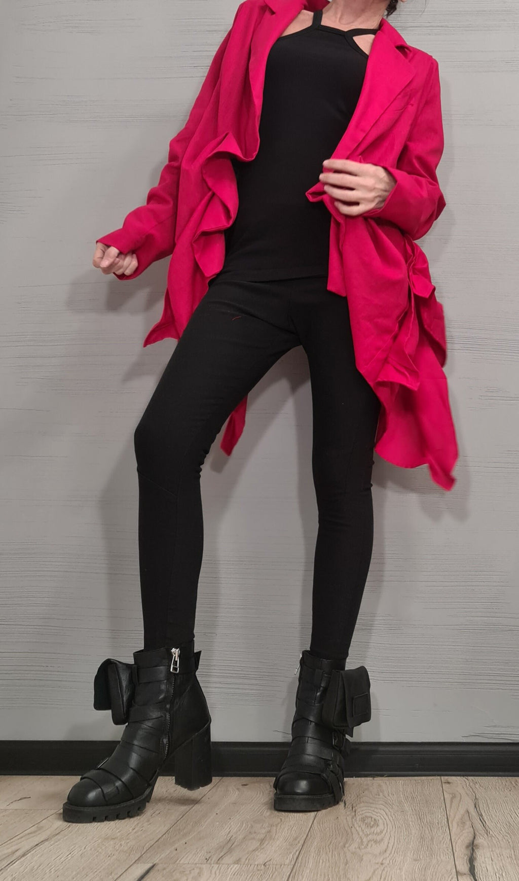 Linen Ruffle Blazer – Avant-Garde Statement Jacket – Asymmetrical Handmade Coat – Bold Red Fashion Piece