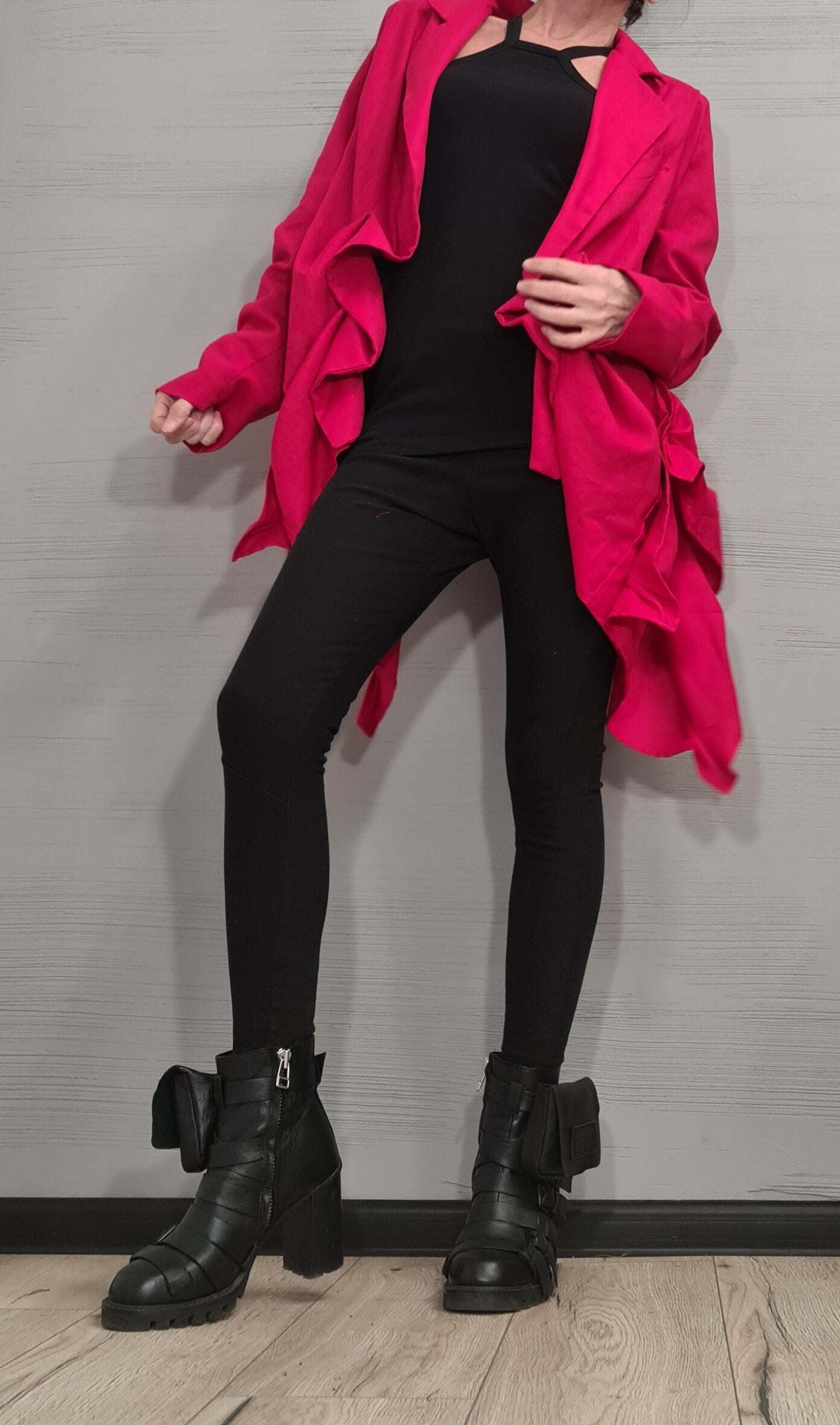 Linen Ruffle Blazer – Avant-Garde Statement Jacket – Asymmetrical Handmade Coat – Bold Red Fashion Piece