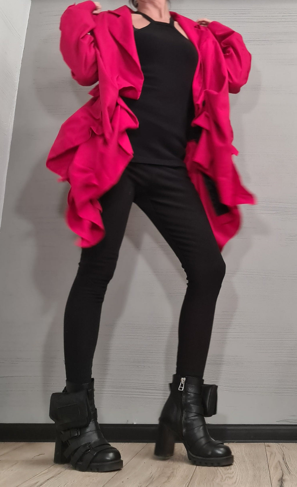 Linen Ruffle Blazer – Avant-Garde Statement Jacket – Asymmetrical Handmade Coat – Bold Red Fashion Piece