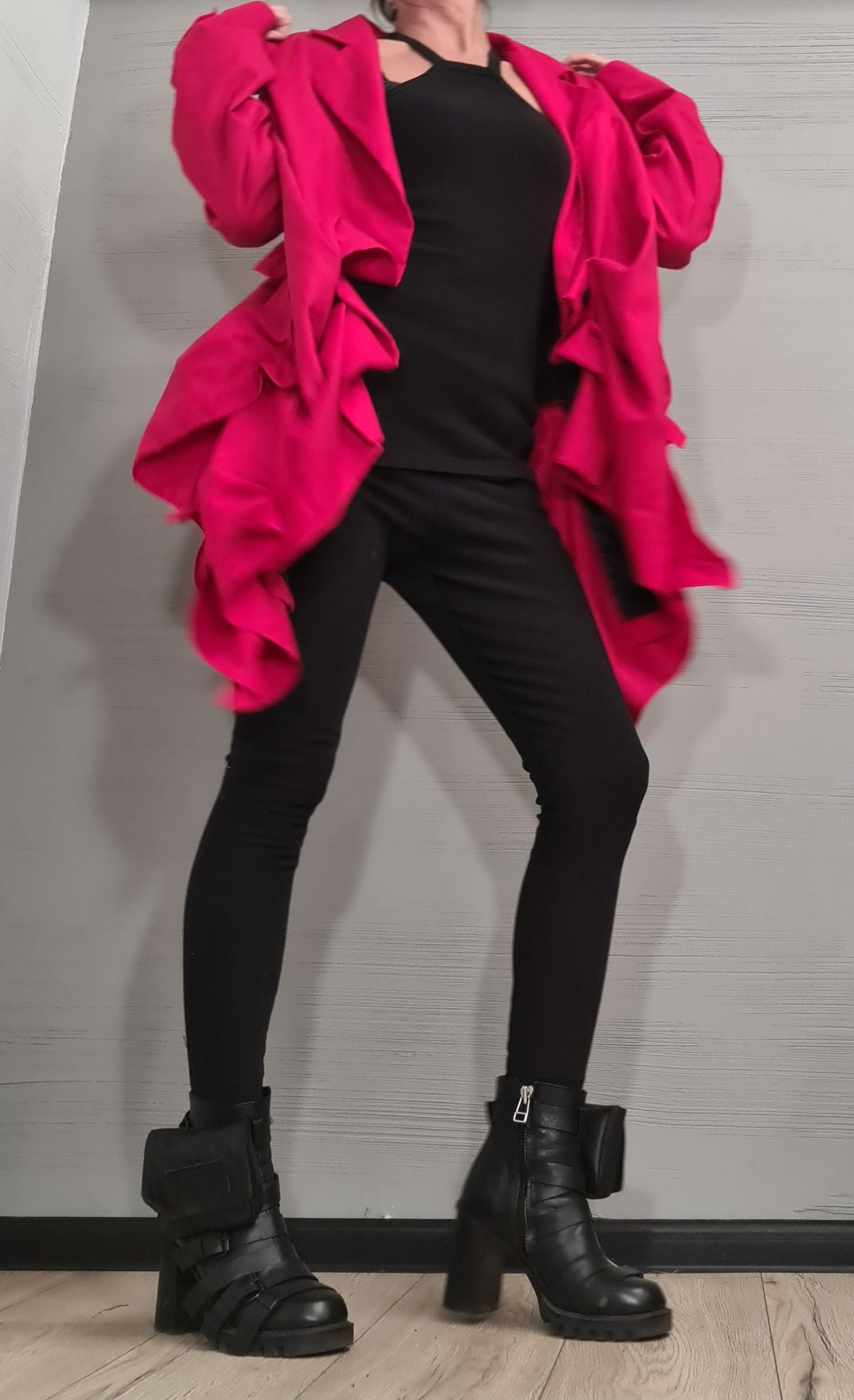 Linen Ruffle Blazer – Avant-Garde Statement Jacket – Asymmetrical Handmade Coat – Bold Red Fashion Piece