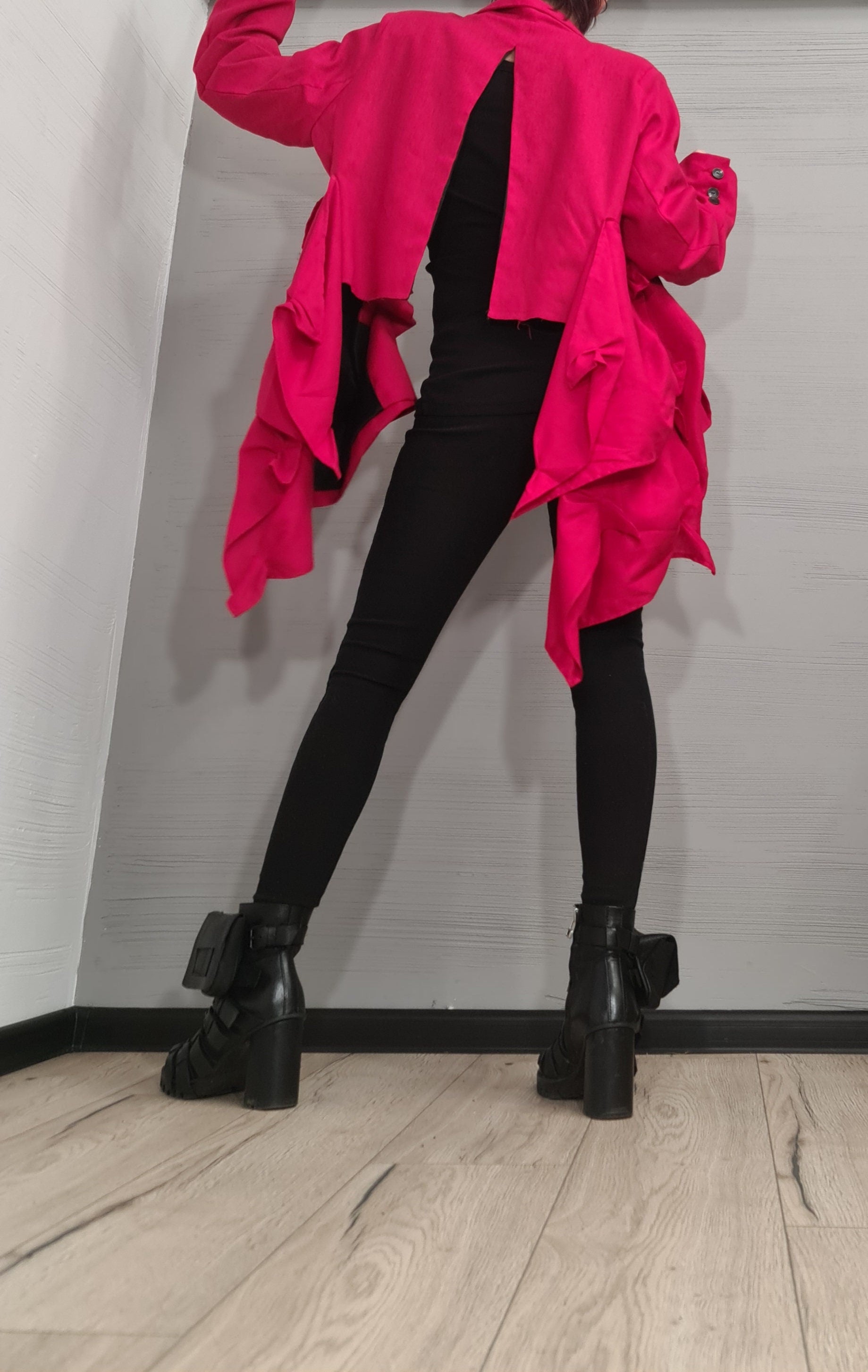 Linen Ruffle Blazer – Avant-Garde Statement Jacket – Asymmetrical Handmade Coat – Bold Red Fashion Piece