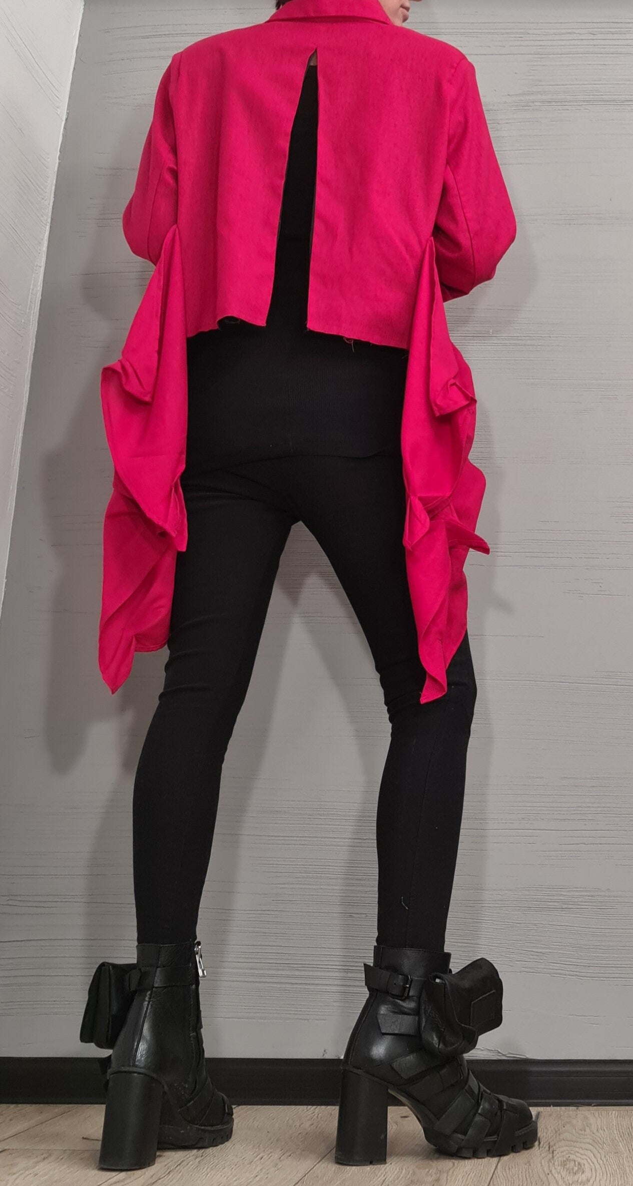 Linen Ruffle Blazer – Avant-Garde Statement Jacket – Asymmetrical Handmade Coat – Bold Red Fashion Piece