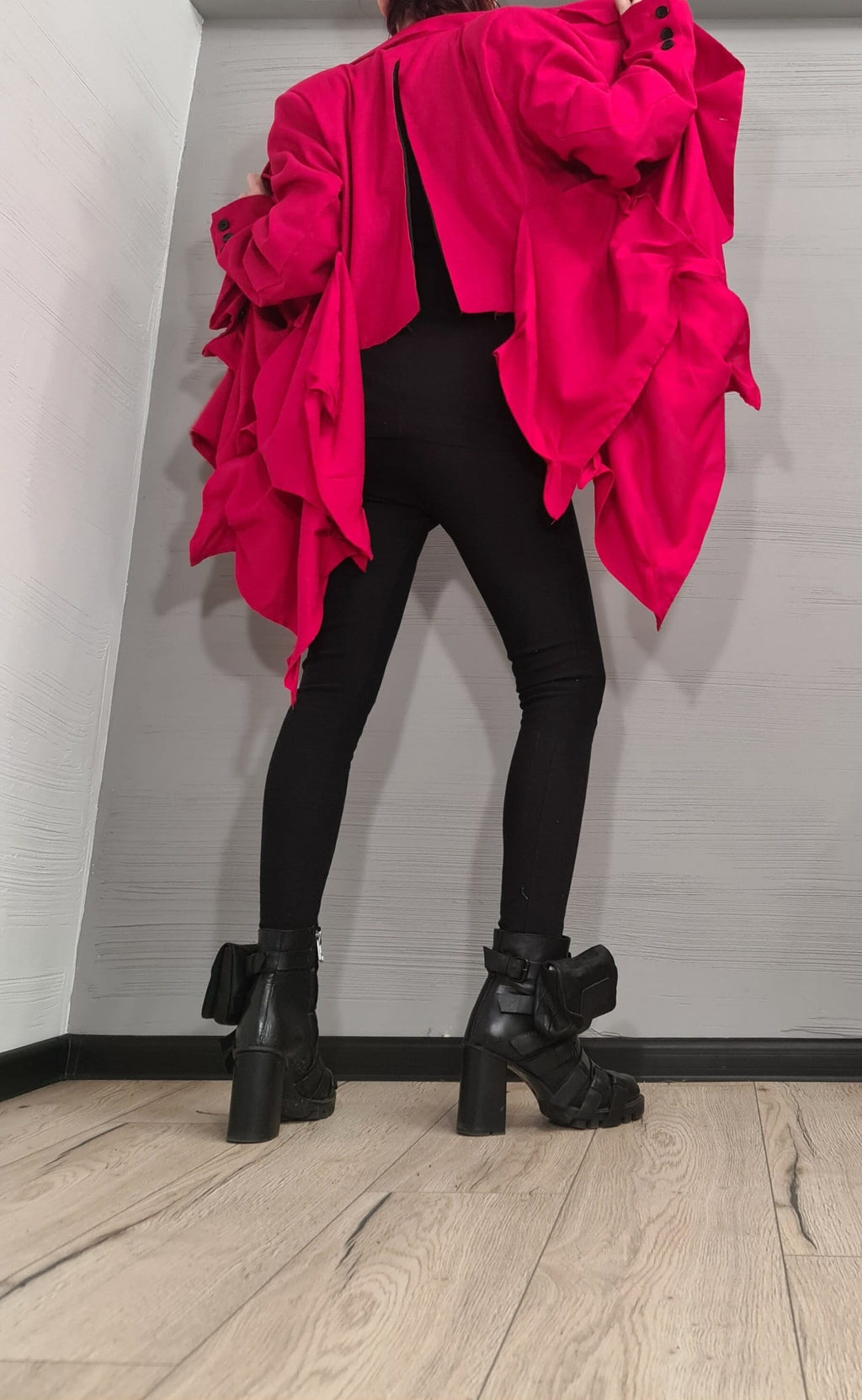 Linen Ruffle Blazer – Avant-Garde Statement Jacket – Asymmetrical Handmade Coat – Bold Red Fashion Piece