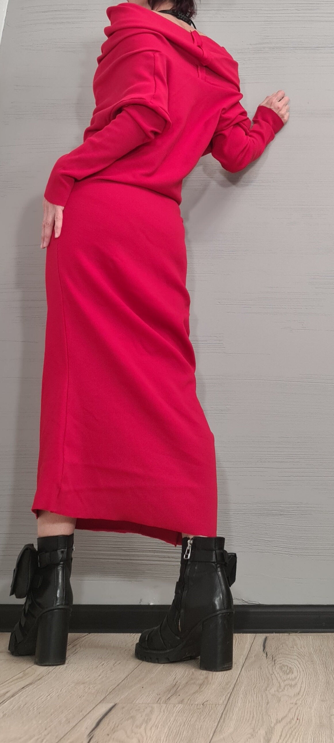 Extravagant Red Dress, Asymmetric Dress, Cotton Dress, Plus Size Clothing, Blouson Dress, Sexy Dress, Long Sleeve, New collection