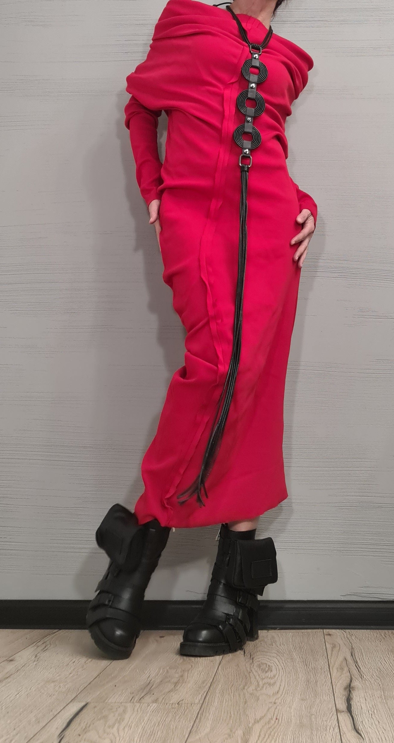 Extravagant Red Dress, Asymmetric Dress, Cotton Dress, Plus Size Clothing, Blouson Dress, Sexy Dress, Long Sleeve, New collection
