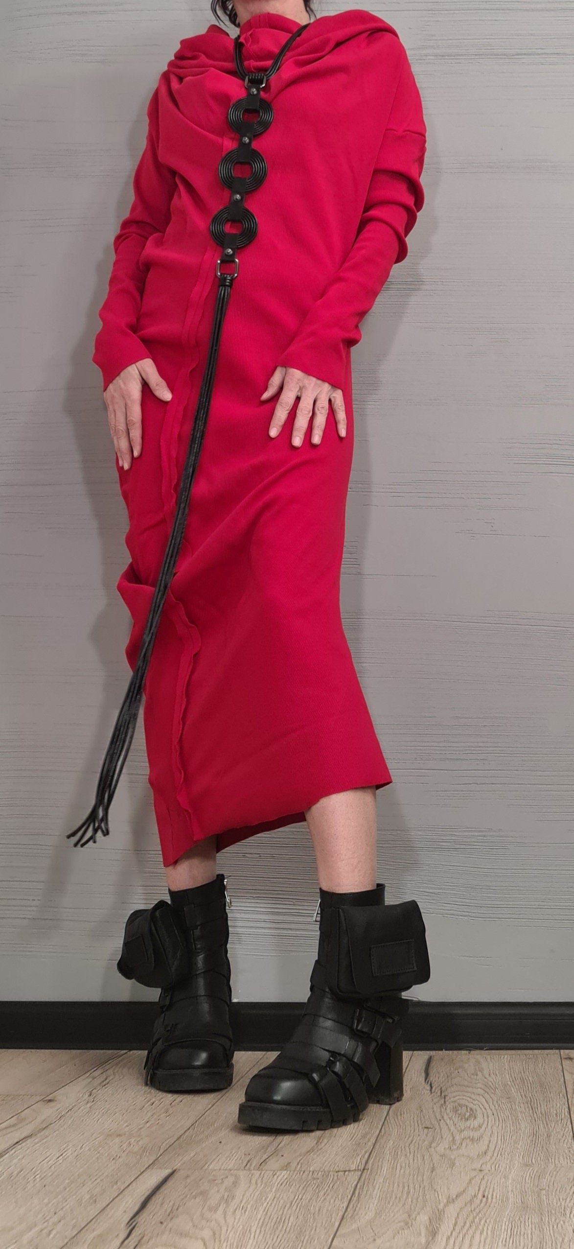 Extravagant Red Dress, Asymmetric Dress, Cotton Dress, Plus Size Clothing, Blouson Dress, Sexy Dress, Long Sleeve, New collection