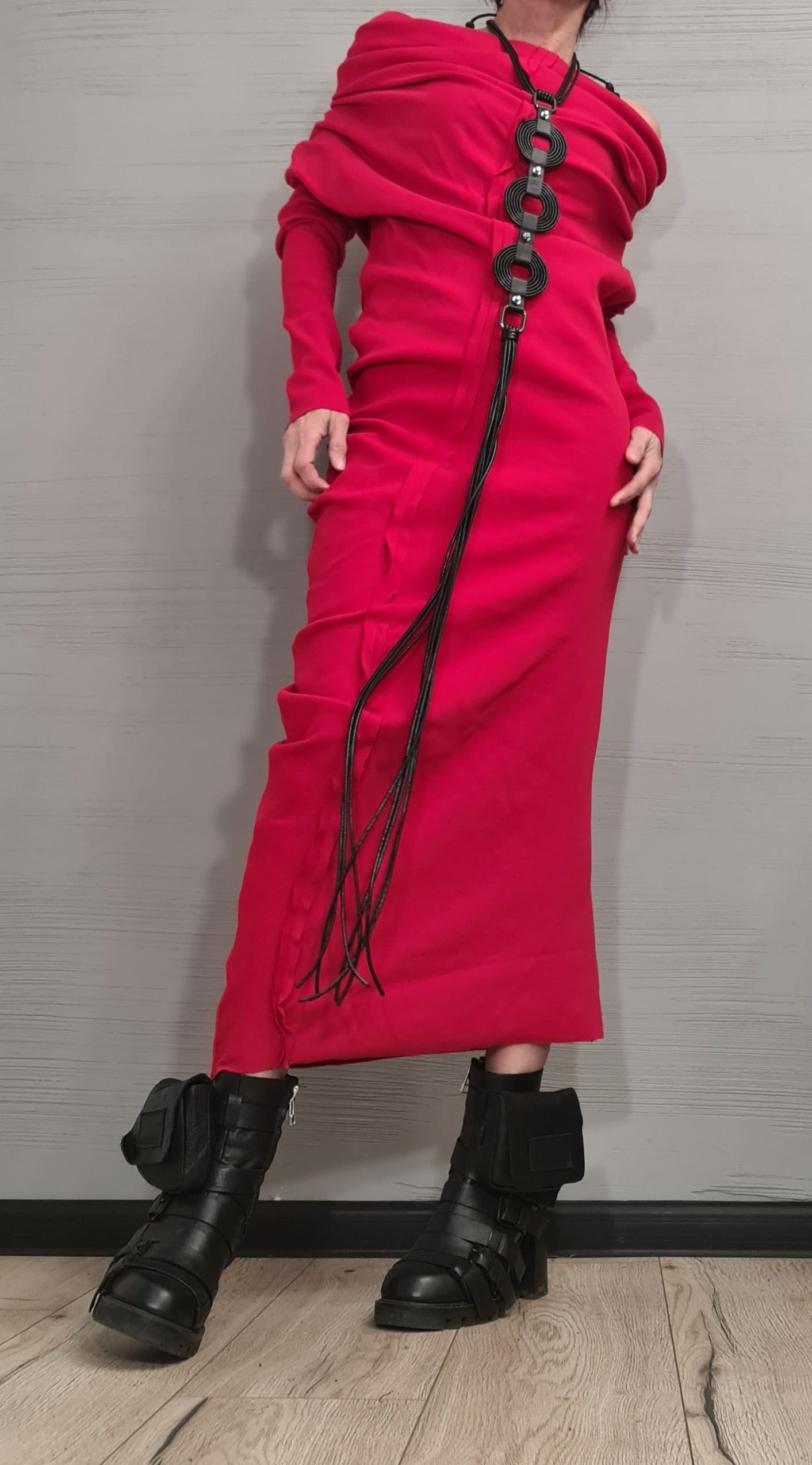 Extravagant Red Dress, Asymmetric Dress, Cotton Dress, Plus Size Clothing, Blouson Dress, Sexy Dress, Long Sleeve, New collection