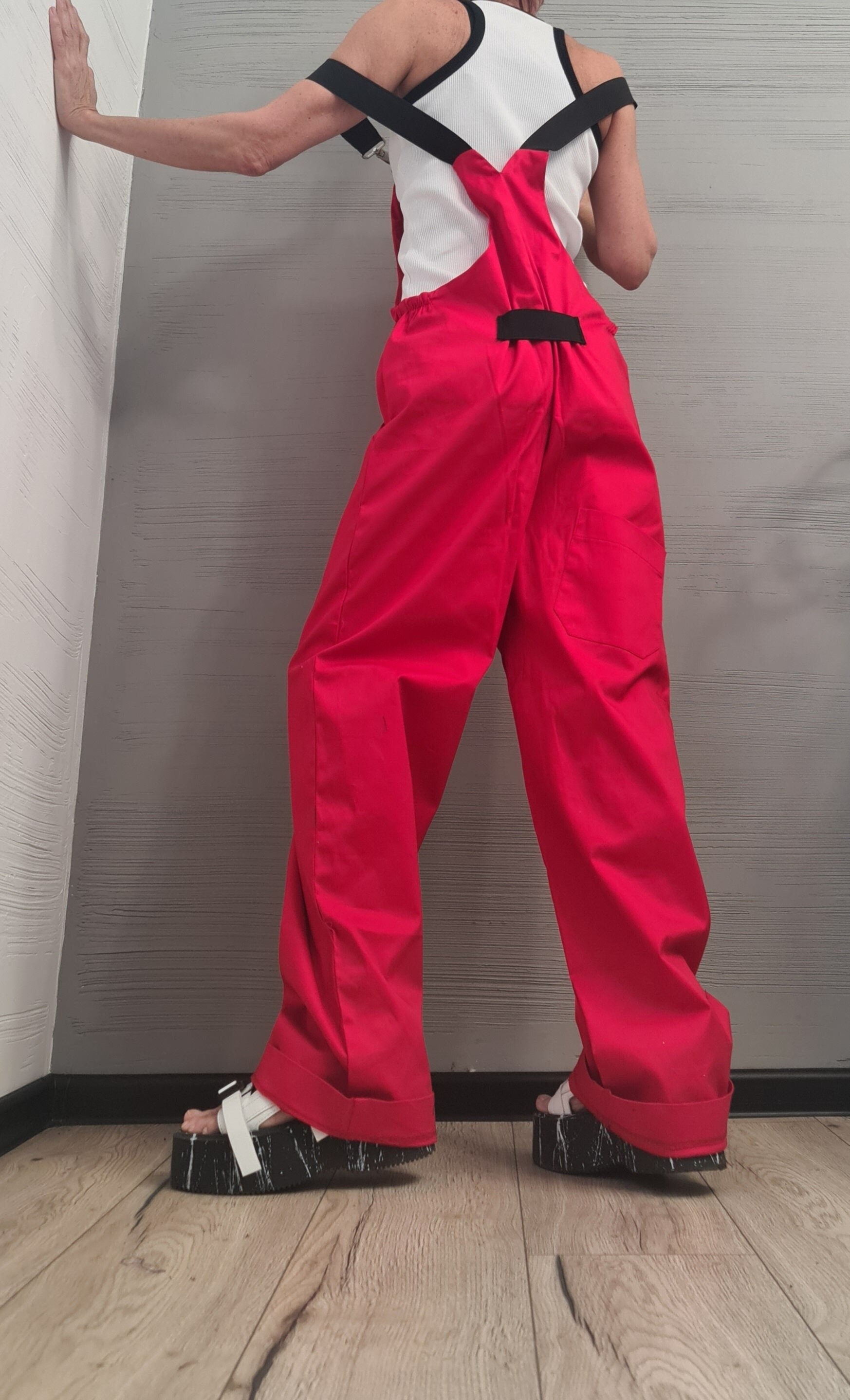 Women long Jumpsuit, Extravagant Red Overall, Loose Women Overall, NEW Collection, Casual Wide Leg Overall, Overalls with Straps