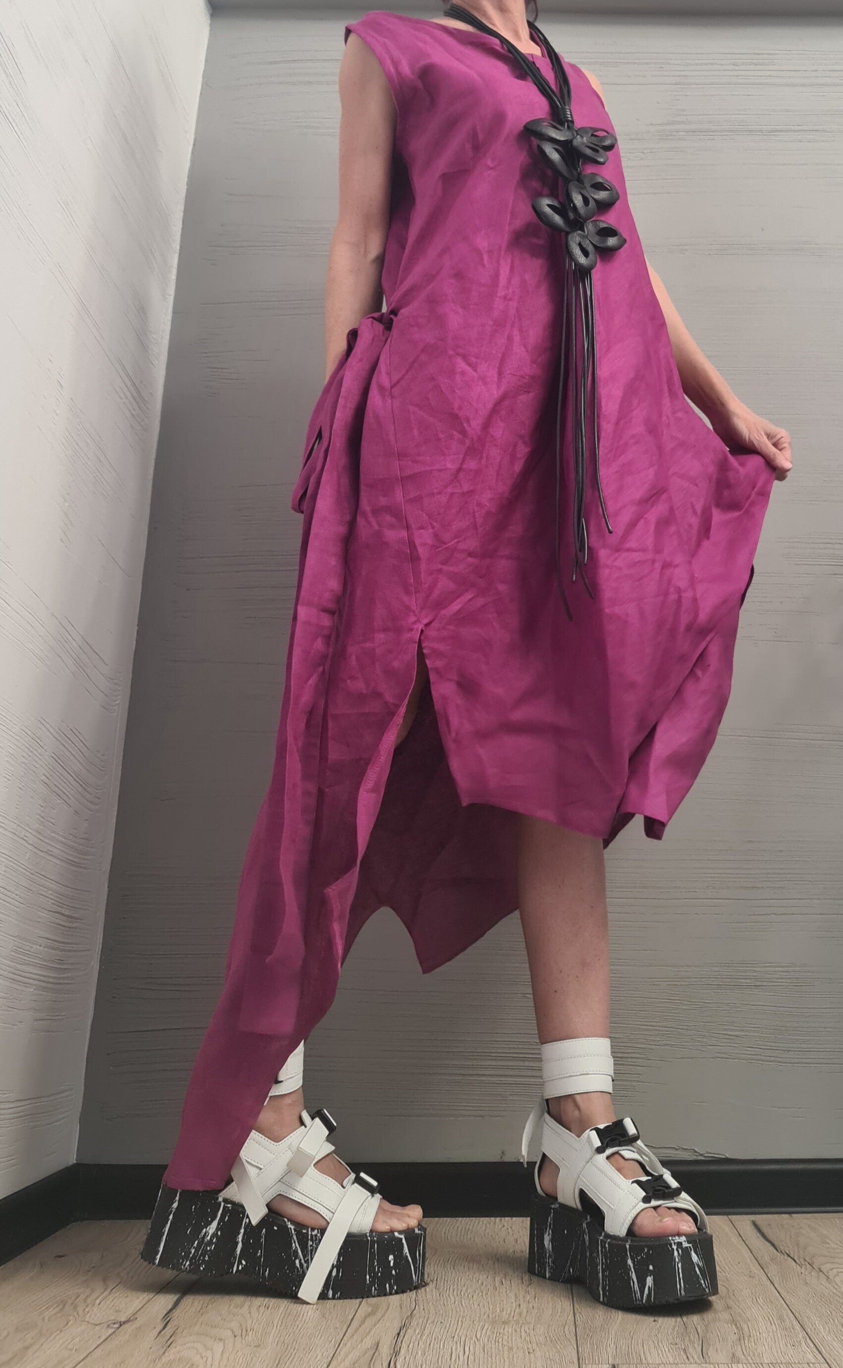 Linen Purple Grapes Dress, Asymmetric Dress, Plus Size Clothing, Oversize Dress, Sleeveless Dress, Minimalist Dress, Plus Size Dress