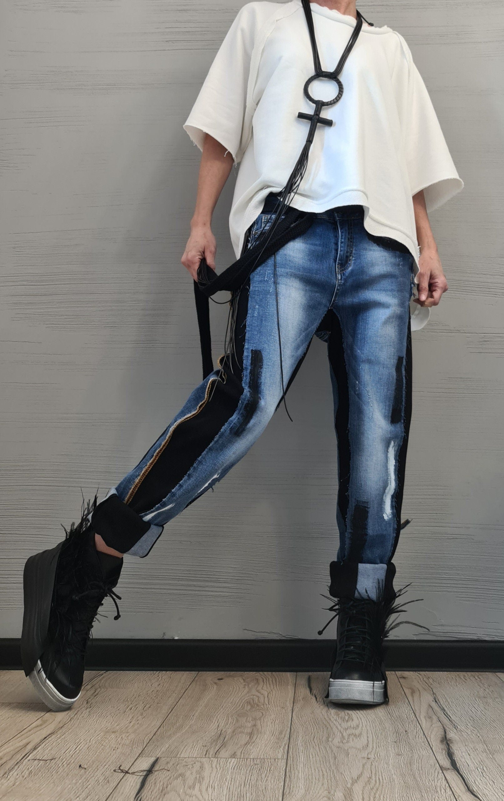 Extravagant Denim Pants, Casual Denim Harem Pants, Streetwear Pants, Unisex Denim, Women Denim Harem, Denim paint
