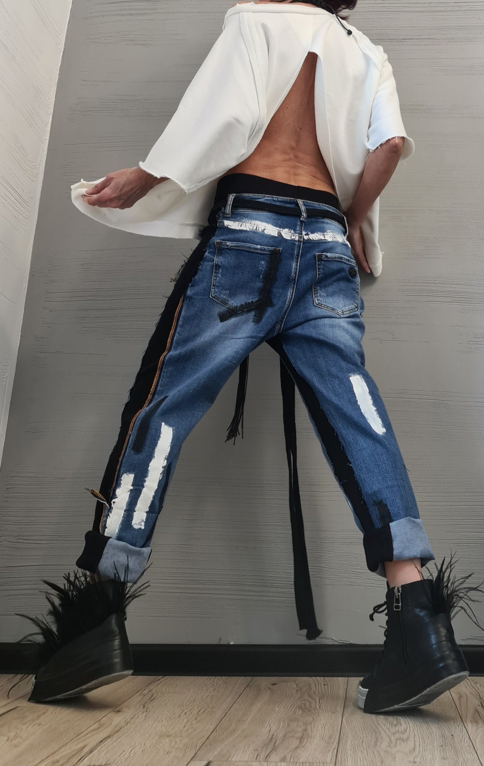 Extravagant Denim Pants, Casual Denim Harem Pants, Streetwear Pants, Unisex Denim, Women Denim Harem, Denim paint