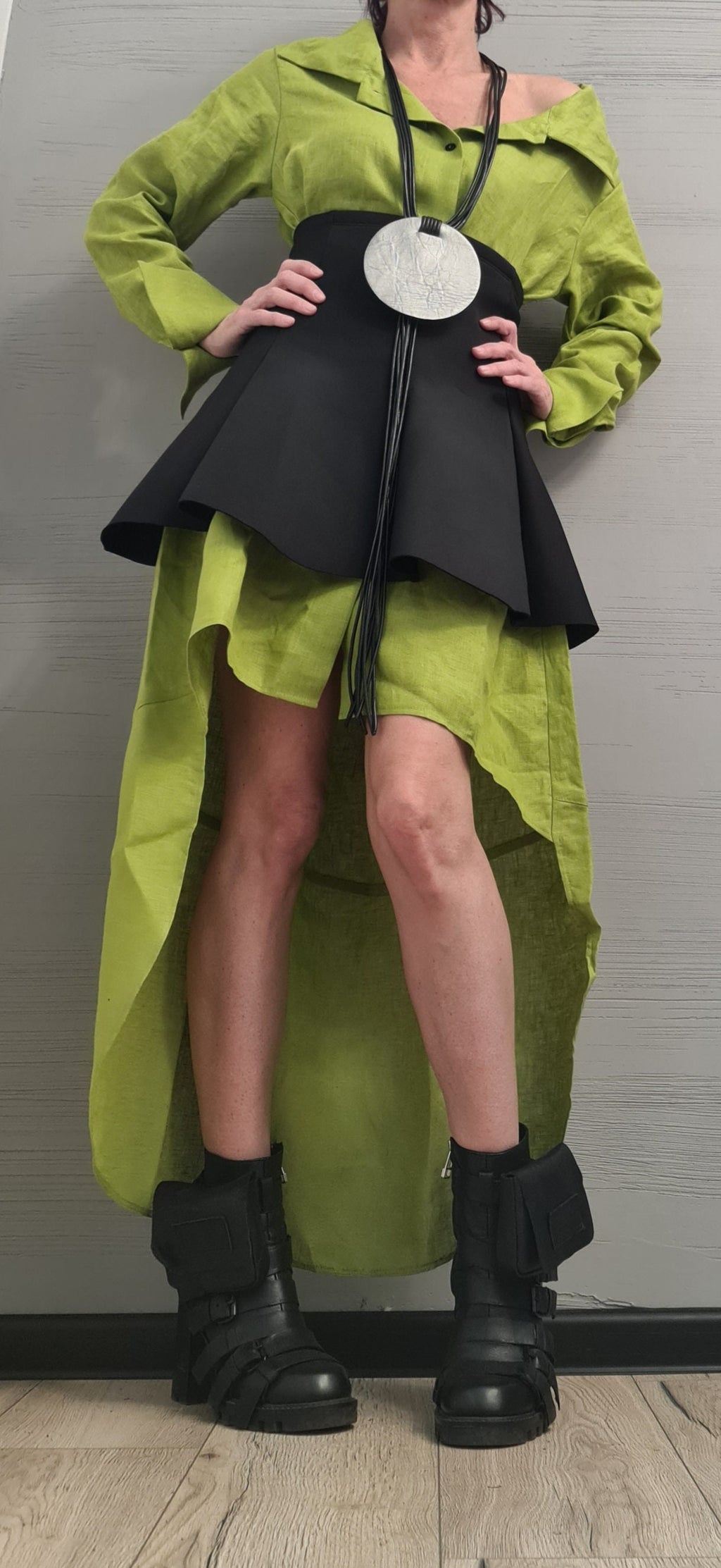 New collection Linen Extravagant Long Shirt with Neoprene Corset, Asymmetrical Shirt, Oversize Tunic, Party Shirt, Cocktail Shirt