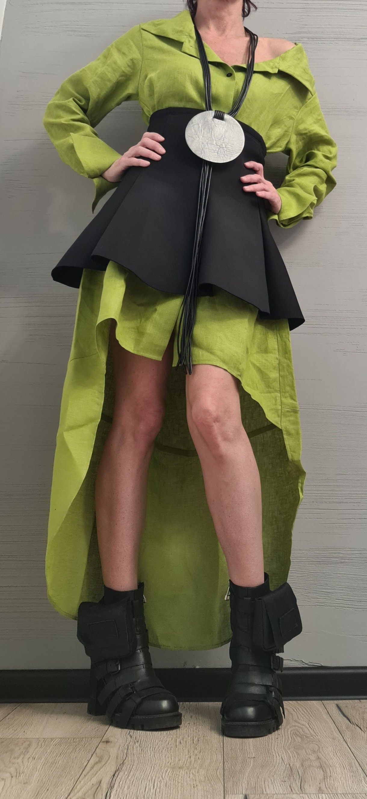 New collection Linen Extravagant Long Shirt with Neoprene Corset, Asymmetrical Shirt, Oversize Tunic, Party Shirt, Cocktail Shirt