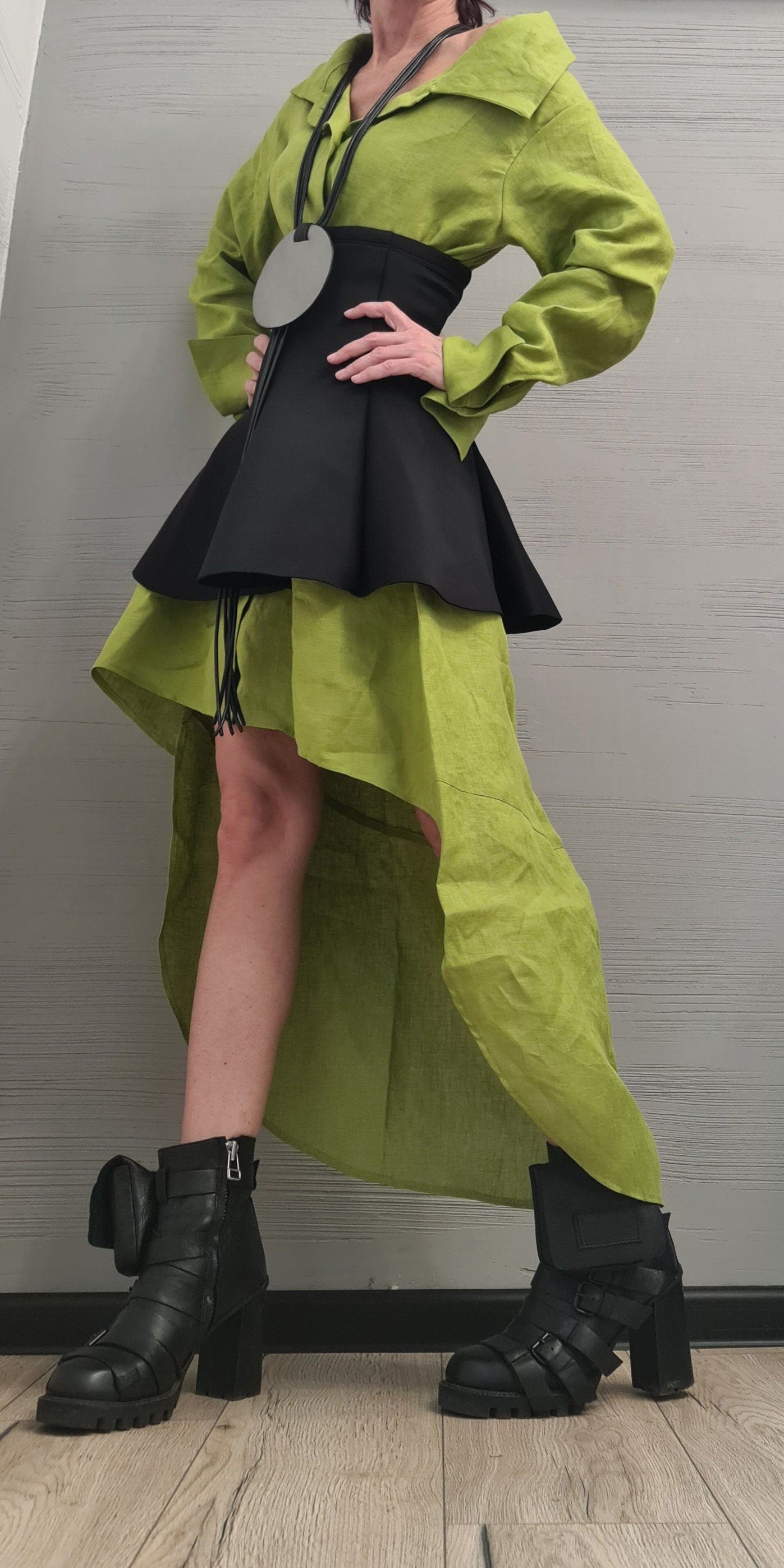 New collection Linen Extravagant Long Shirt with Neoprene Corset, Asymmetrical Shirt, Oversize Tunic, Party Shirt, Cocktail Shirt