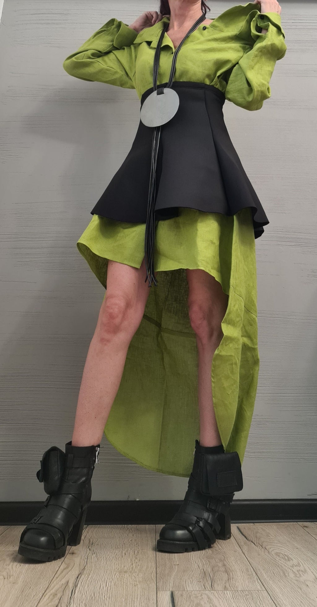 New collection Linen Extravagant Long Shirt with Neoprene Corset, Asymmetrical Shirt, Oversize Tunic, Party Shirt, Cocktail Shirt