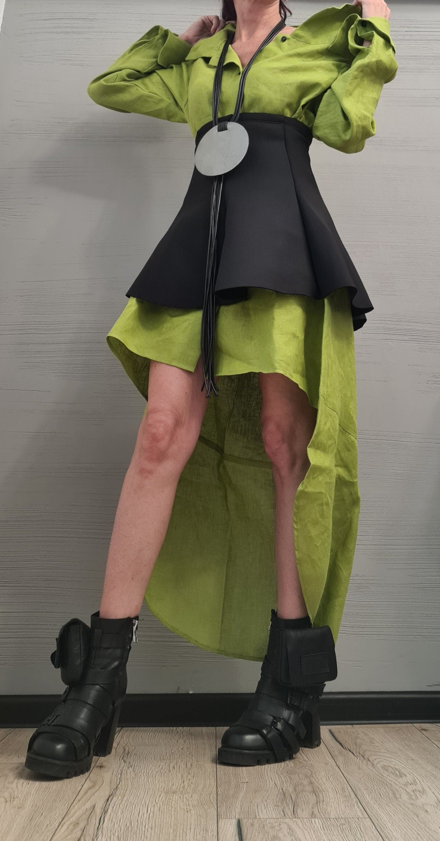 New collection Linen Extravagant Long Shirt with Neoprene Corset, Asymmetrical Shirt, Oversize Tunic, Party Shirt, Cocktail Shirt