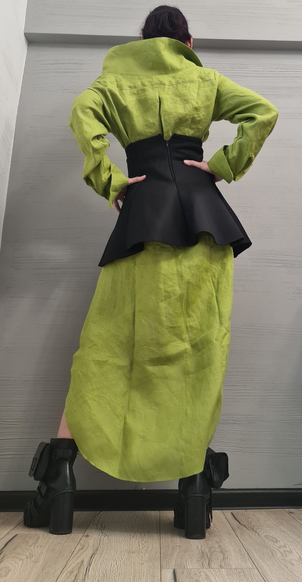 New collection Linen Extravagant Long Shirt with Neoprene Corset, Asymmetrical Shirt, Oversize Tunic, Party Shirt, Cocktail Shirt