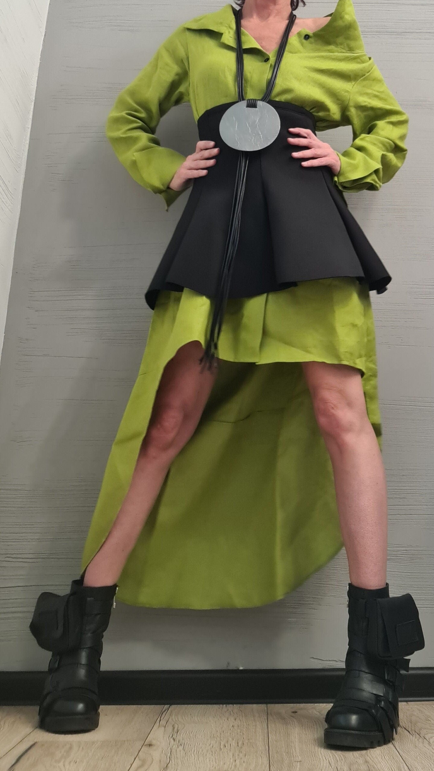 New collection Linen Extravagant Long Shirt with Neoprene Corset, Asymmetrical Shirt, Oversize Tunic, Party Shirt, Cocktail Shirt