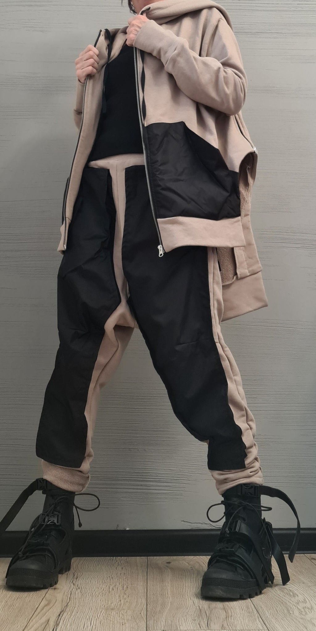 New collection Outwear Women Set, Beige Extravagant Harem Pants, Asymmetrical Sweatshirt Hooded, Extravagant Cotton Set