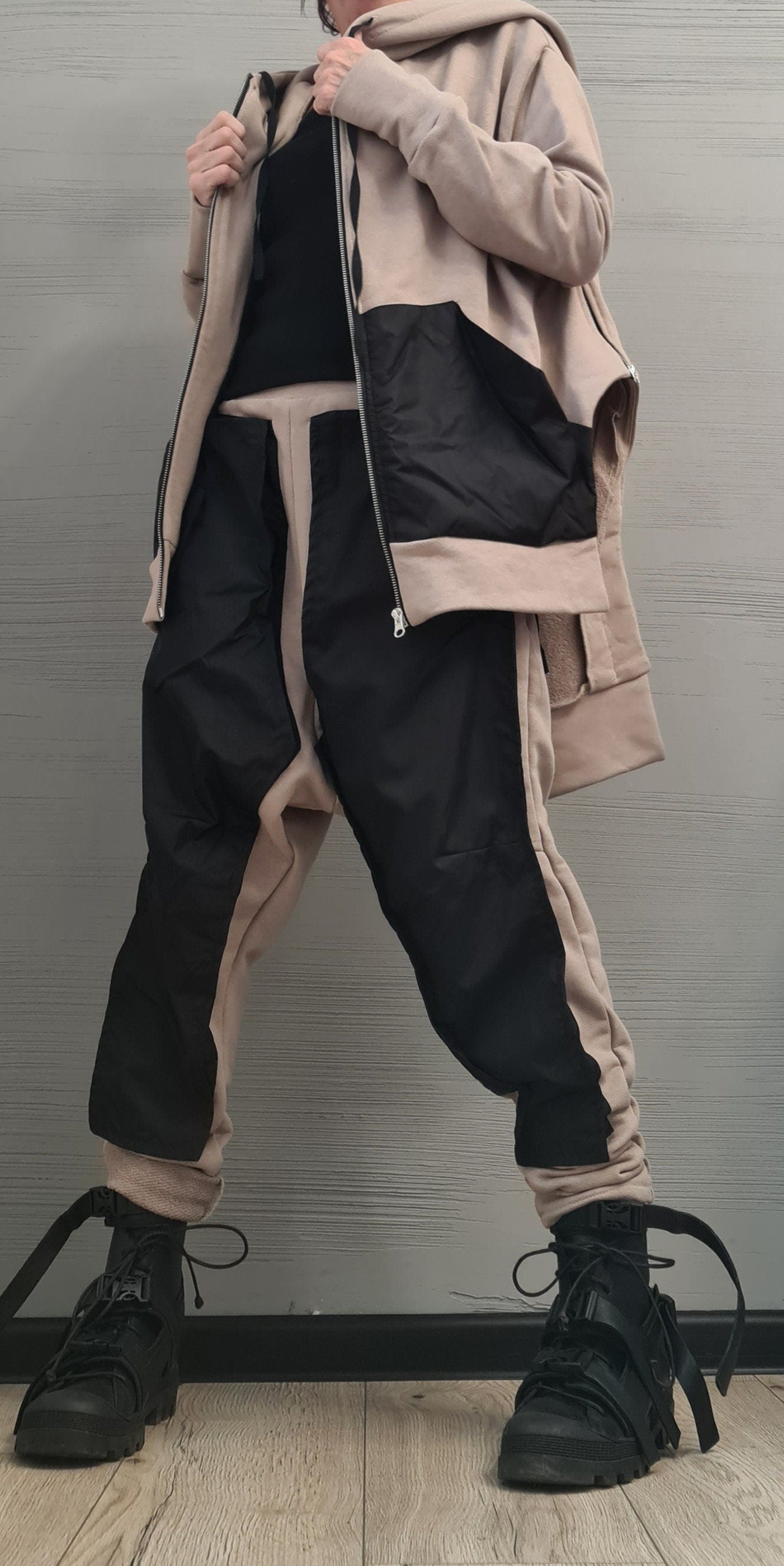 New collection Outwear Women Set, Beige Extravagant Harem Pants, Asymmetrical Sweatshirt Hooded, Extravagant Cotton Set