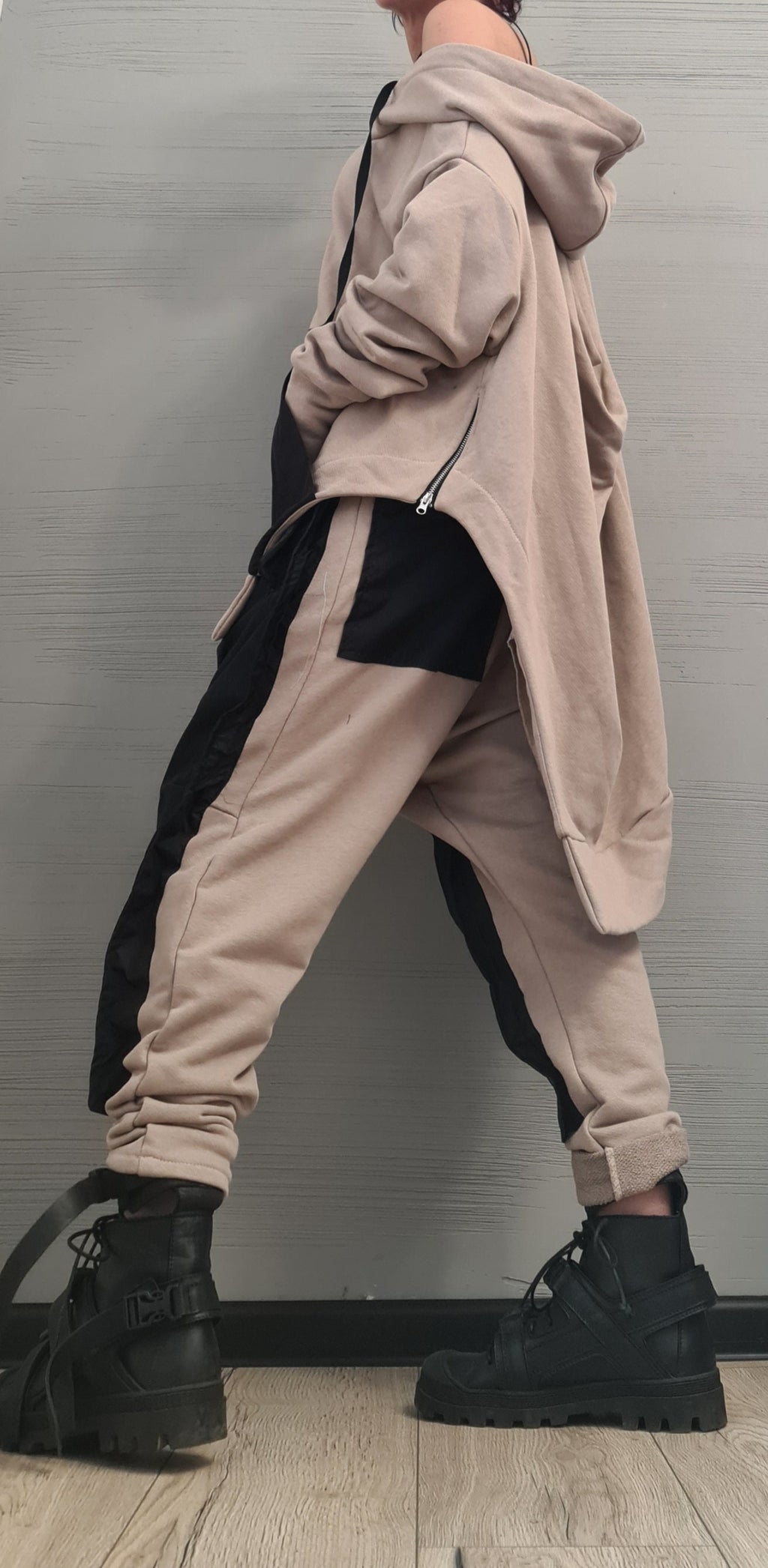 New collection Outwear Women Set, Beige Extravagant Harem Pants, Asymmetrical Sweatshirt Hooded, Extravagant Cotton Set