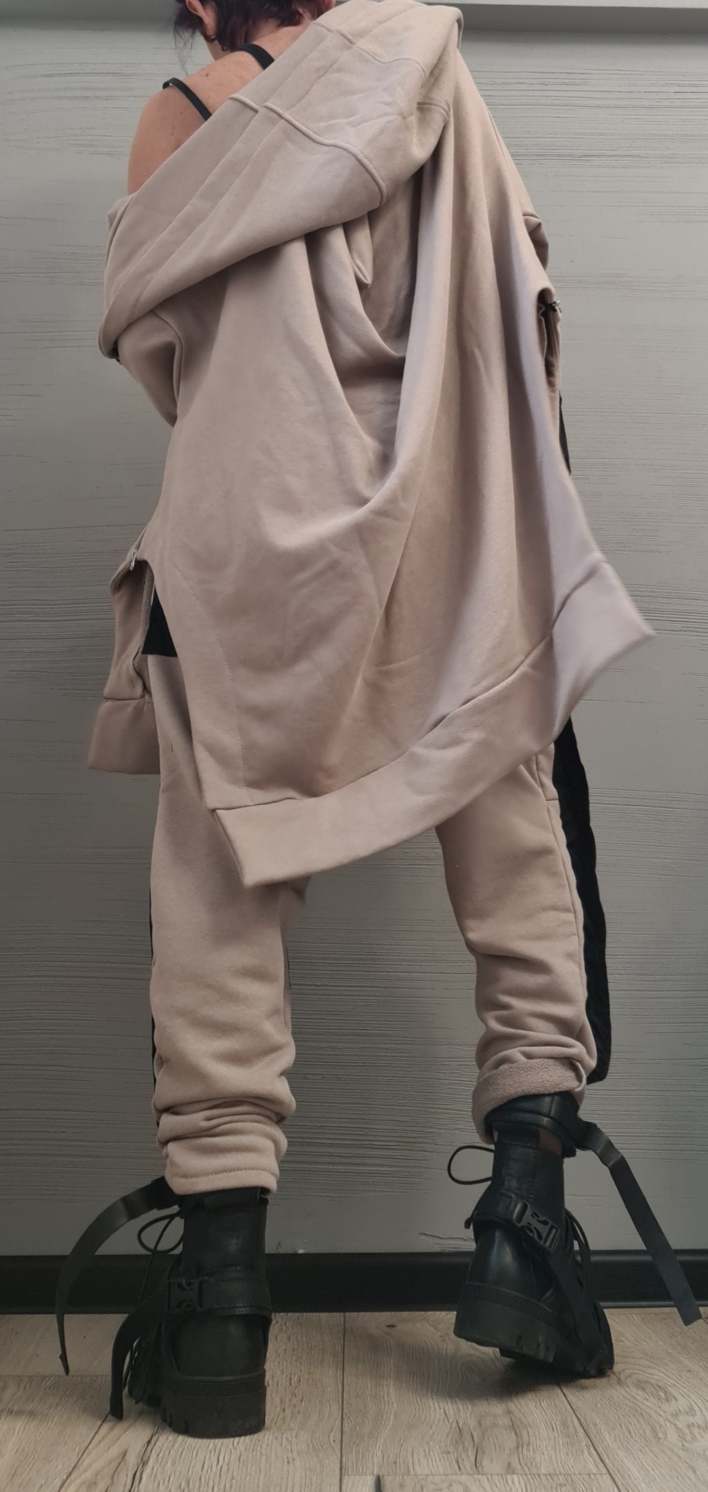 New collection Outwear Women Set, Beige Extravagant Harem Pants, Asymmetrical Sweatshirt Hooded, Extravagant Cotton Set