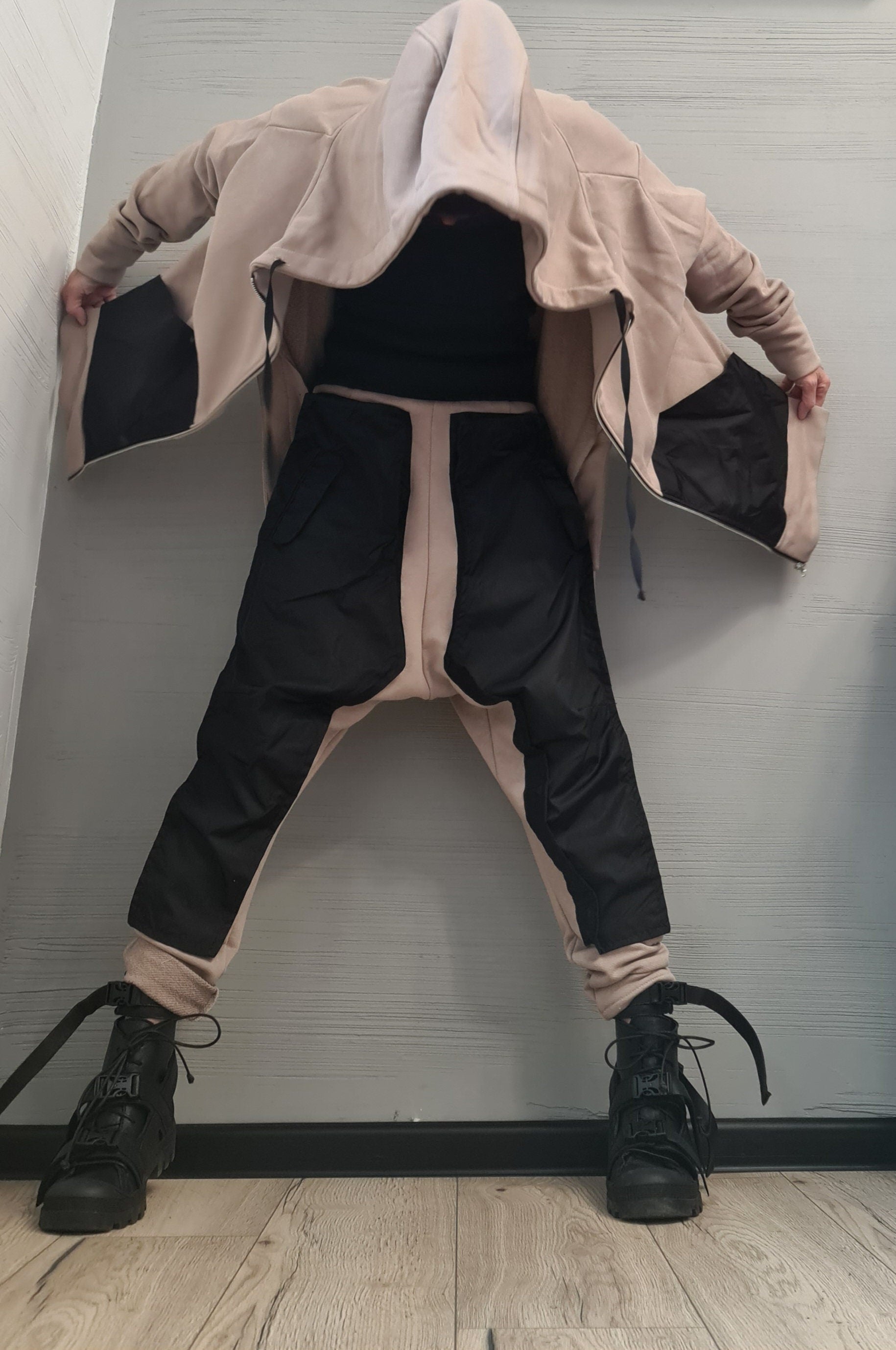 New collection Outwear Women Set, Beige Extravagant Harem Pants, Asymmetrical Sweatshirt Hooded, Extravagant Cotton Set