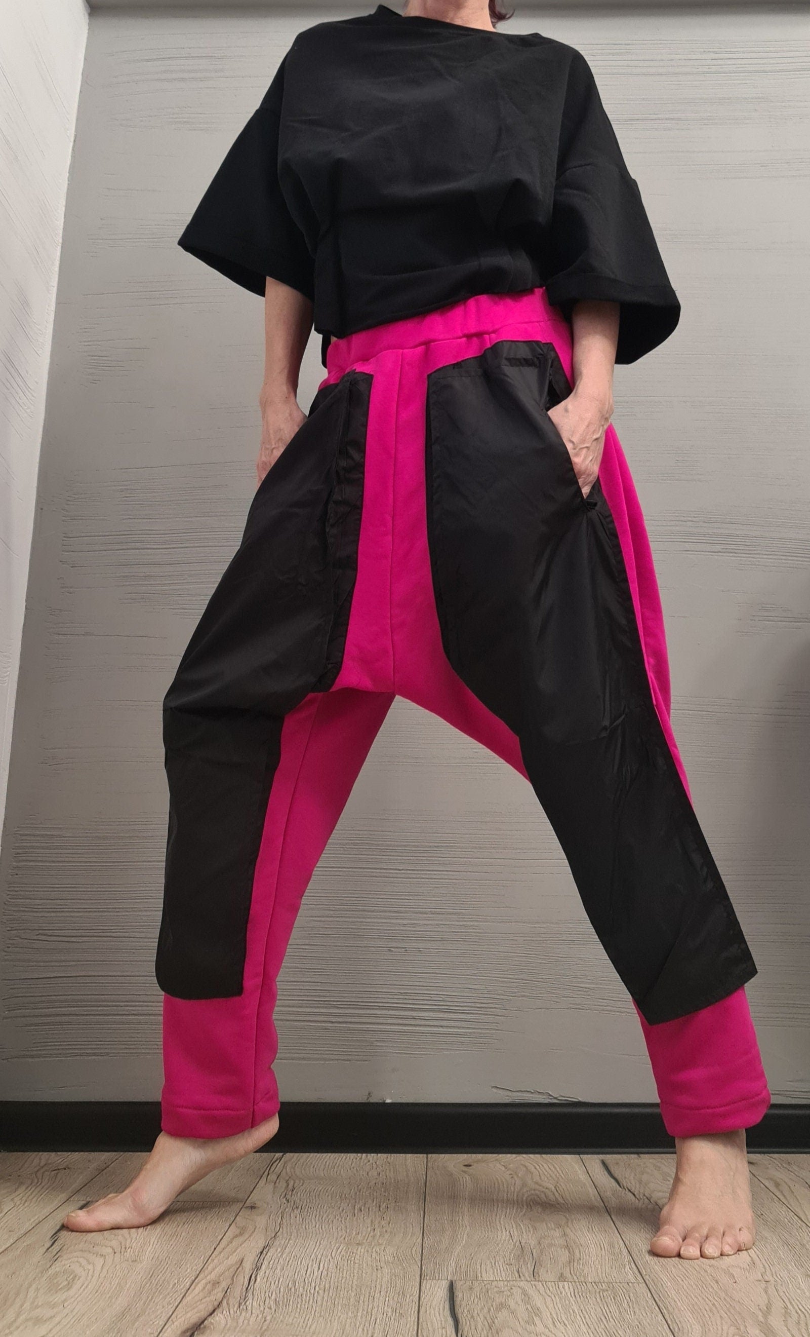 Extravagant Pants, Harem Casual Pants, Urban Pants, Loose Pants, Cotton Hot pink Pants, Gothic Pants, Outer pockets, New collection