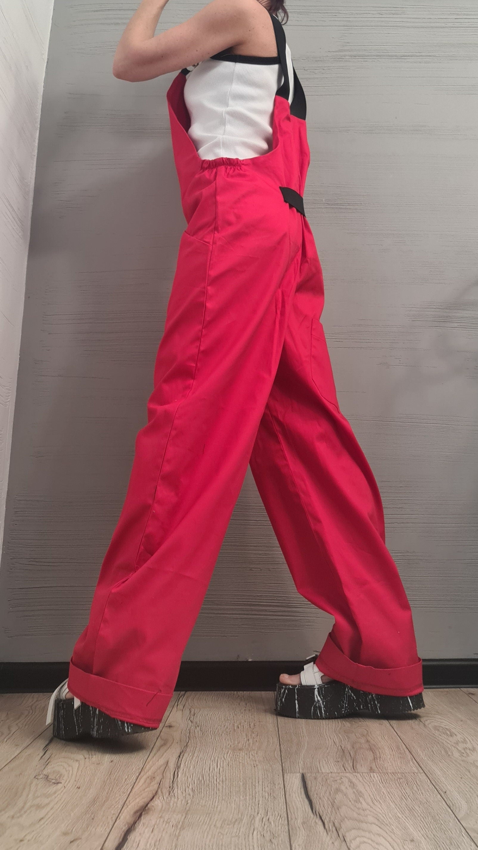 Women long Jumpsuit, Extravagant Red Overall, Loose Women Overall, NEW Collection, Casual Wide Leg Overall, Overalls with Straps