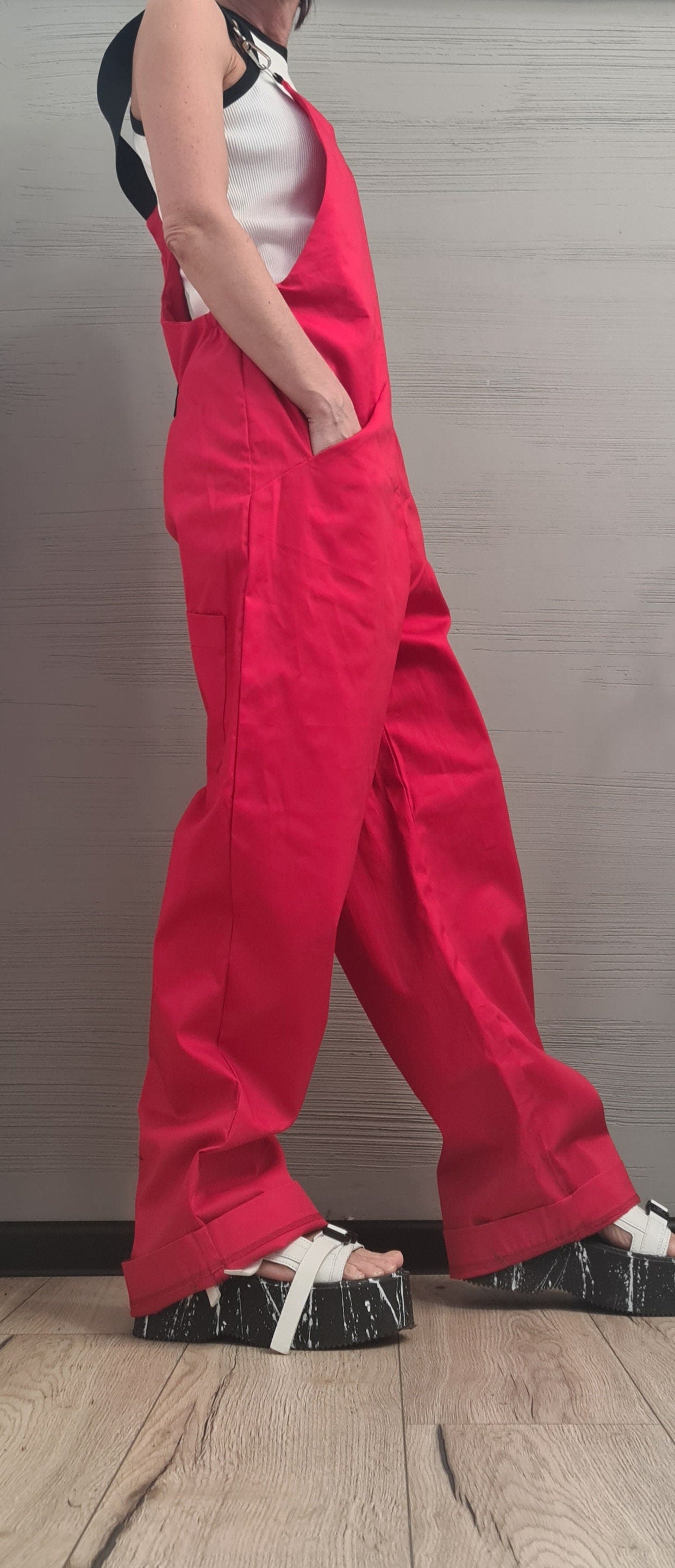 Women long Jumpsuit, Extravagant Red Overall, Loose Women Overall, NEW Collection, Casual Wide Leg Overall, Overalls with Straps